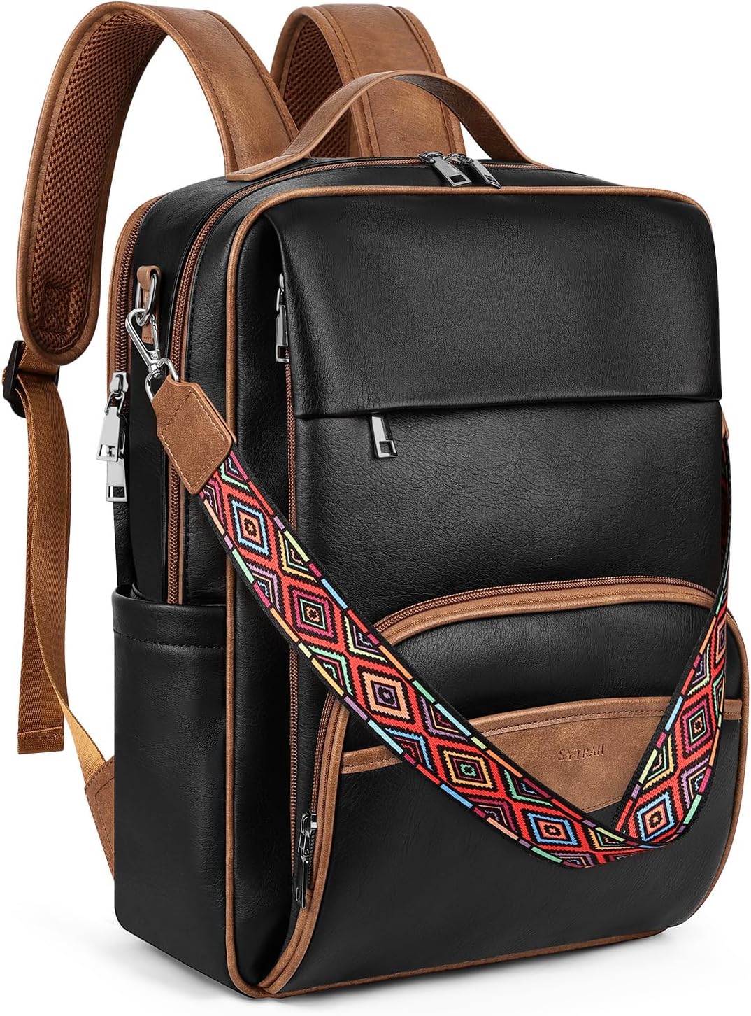 Leather Laptop Backpack, 15.6 Inch Business Computer Bag, Designer College Backpack Travel Backpack with Colorful Shoulder Bag Strap Black Brown