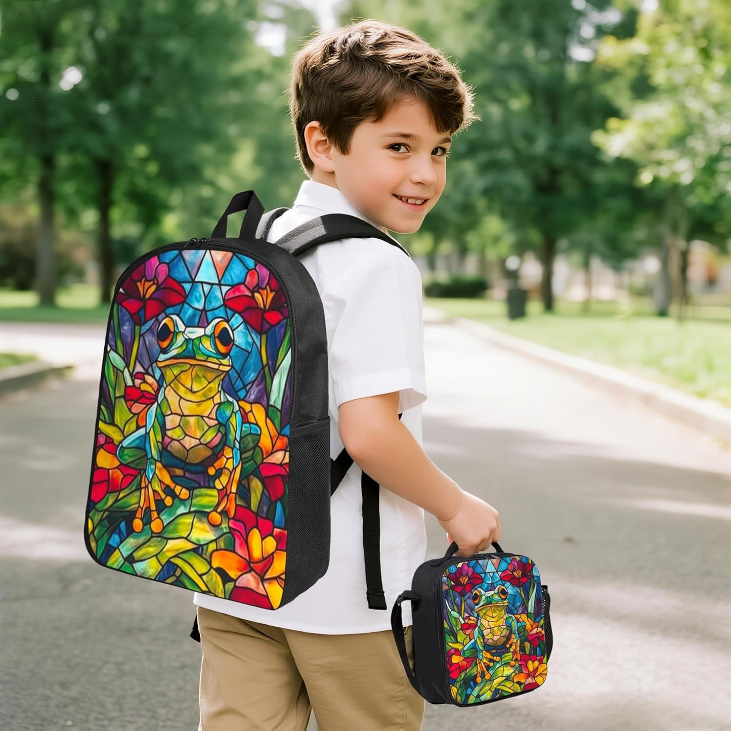 Frog Kid Backpack Set with Lunch Bag & Pencil Case Large Capacity School Bag 17 Inch Bookbag for Boy Girl