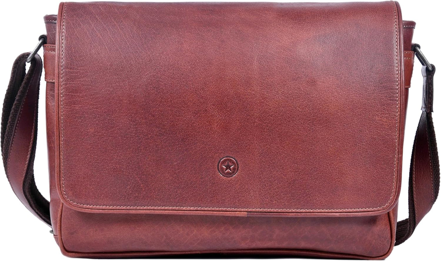 16" Crossbody Bag Leather Laptop Messenger Bag For Men with trolley sleeve for school office (Dark Brown)