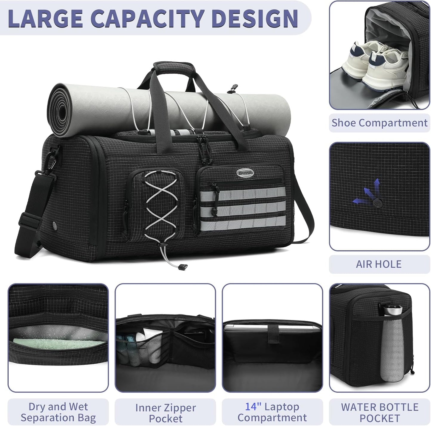 Bosstin Gym Bag for Men & Women,45L Travel Duffle Sports Duffel Bag Gym Weekender Overnight Backpack with Shoe Compartment (BLACK CHECKERED)