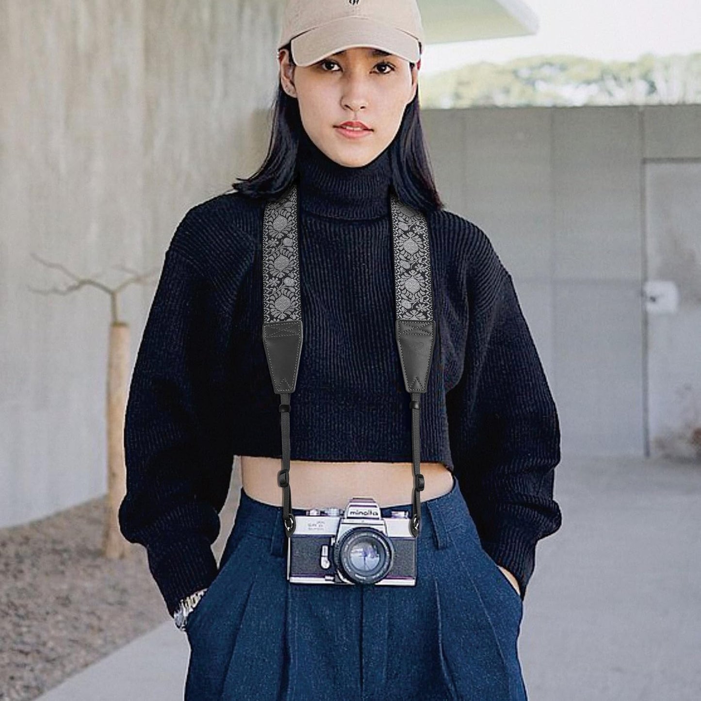 Padwa Lifestyle Gray Flower Camera Strap - 2" Full Grain Leather Ends Camera Straps for Photographers, Vintage Embroidered Cotton Weave Soft Suede Fabric Padded Strap Quick Release fits All Cameras