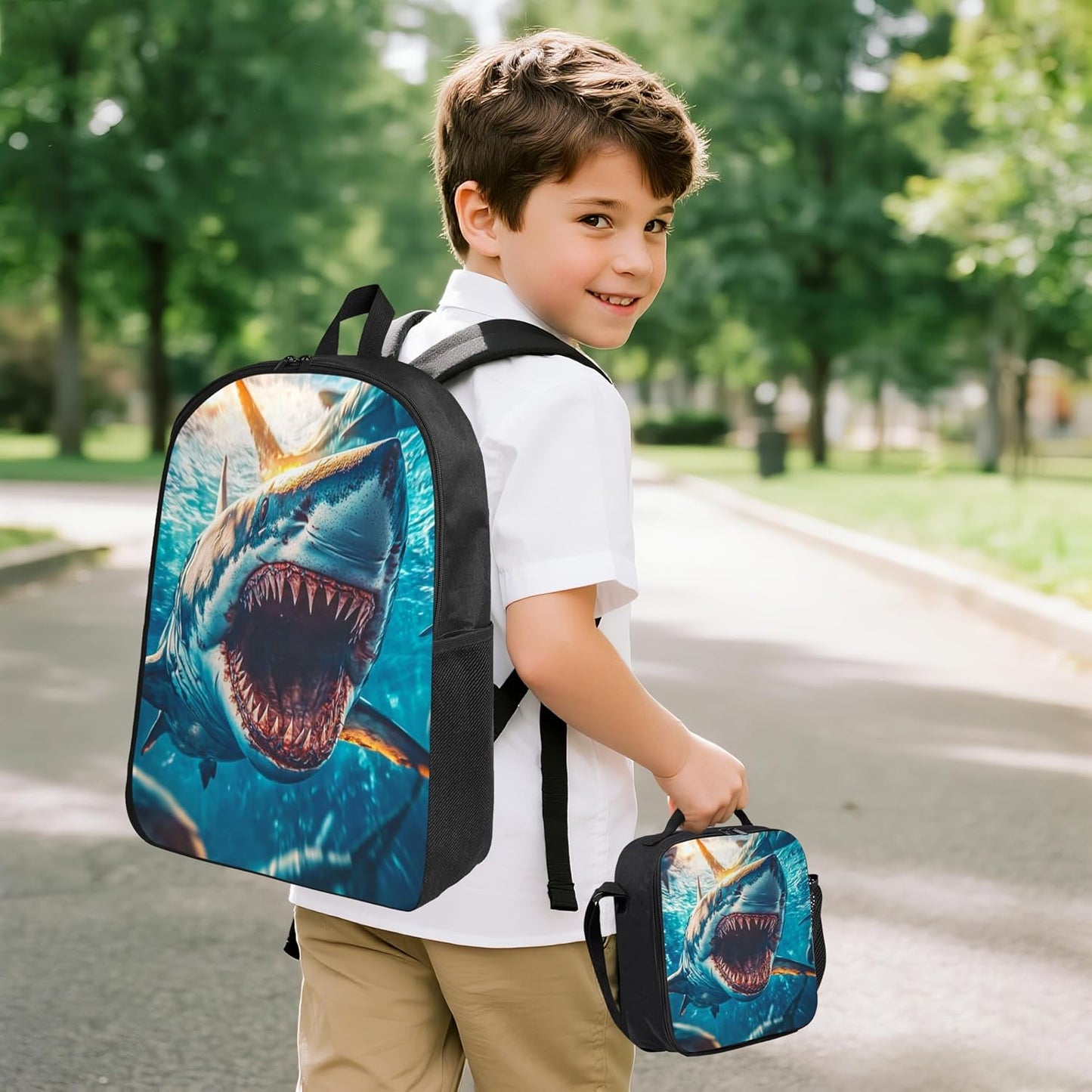 Fish Ocean Kid Backpack Set with Lunch Bag & Pencil Case Large Capacity School Bag 17 Inch Bookbag for Boy Girl