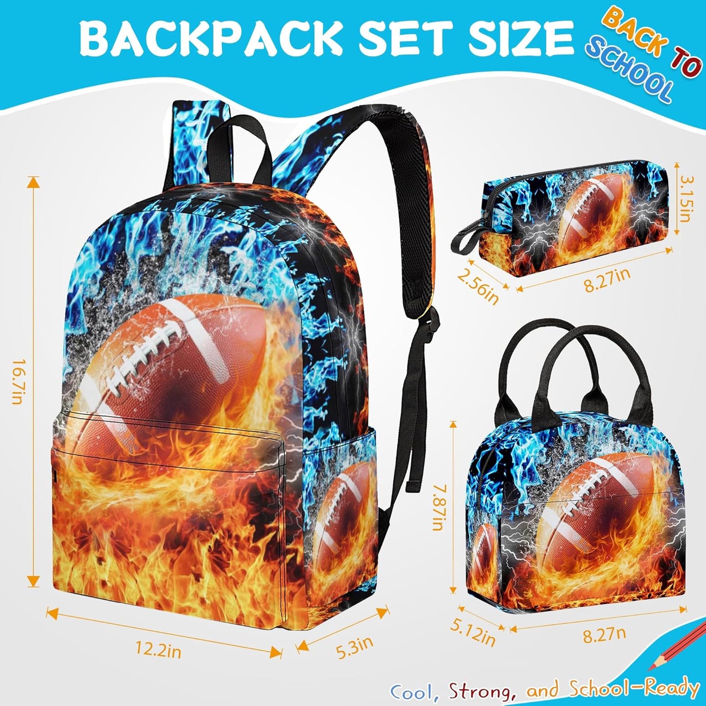 3PCS Football Backpack Set for Boys, Large Lightweight 17 Inch Backpack with Lunch Bag & Pencil Case for Kids, Back to School Cool Sports Bookbag for Elementary Middle School - Fire