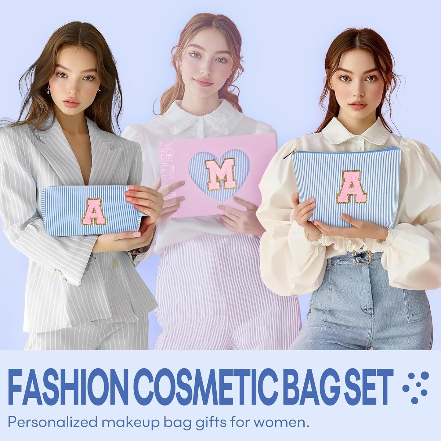 mibasies 2 PCS Initial Makeup Bags for Women: - Birthday Gifts for Teen Girls 11 12 13 14 15 16 Years Old - Preppy Trendy Stuff - Cosmetic Bag for Travel Toiletry - Blue A