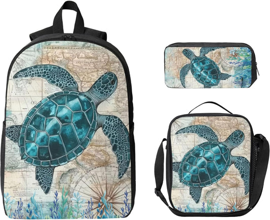 Sea Turtles Ocean Kid Backpack Set with Lunch Bag & Pencil Case Large Capacity School Bag 17 Inch Bookbag for Boy Girl