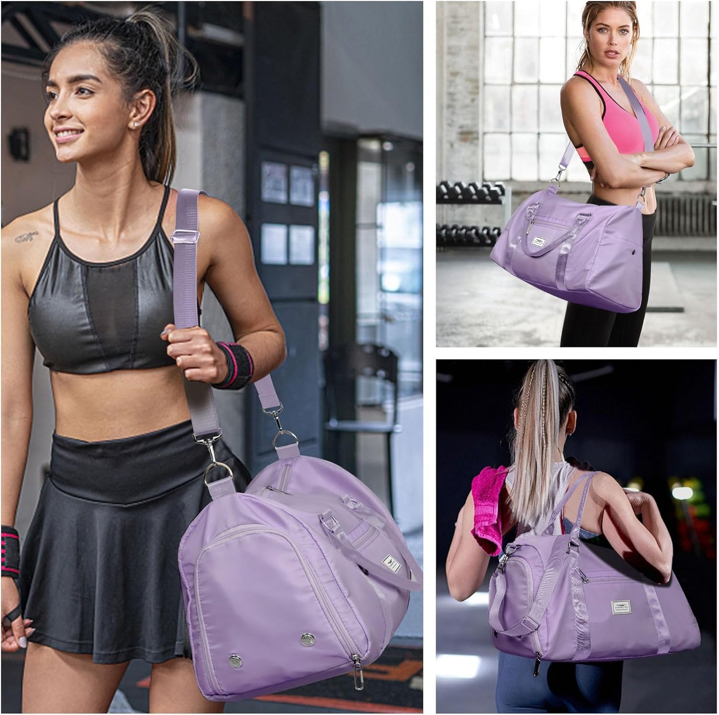 FIORETTO Womens Gym Tote Duffle Bag with Wet Pocket & Shoe Compartment, Sports Duffel Overnight Weekender Hospital Workout Carry on Bag for Girls, Ideal for Travel, Swimming, Dance, Ballet Purple