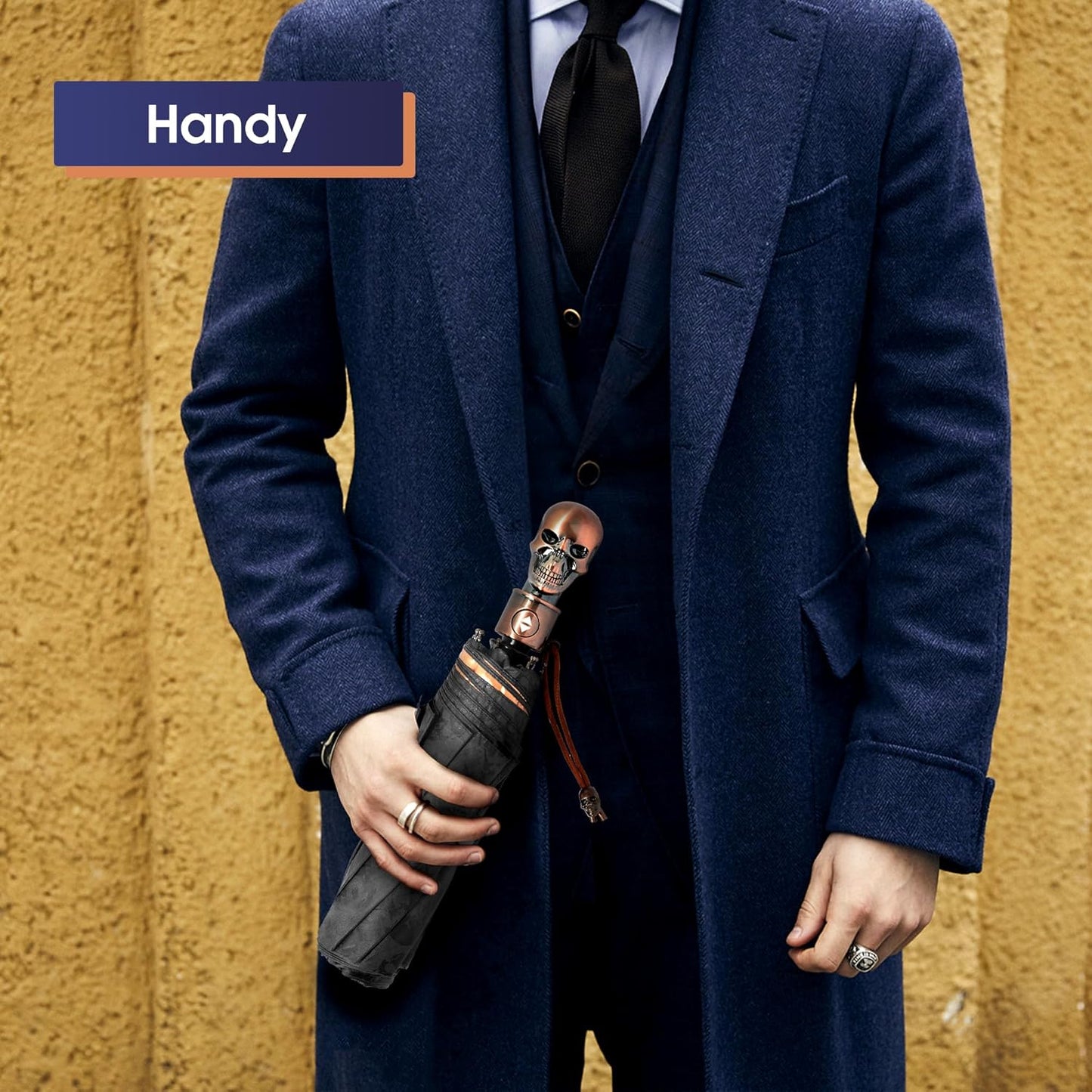 Gothic Skull Umbrella Compact Portable Automatic Folding with Golden Skull Handle Dark Blue with Gold UV Coating