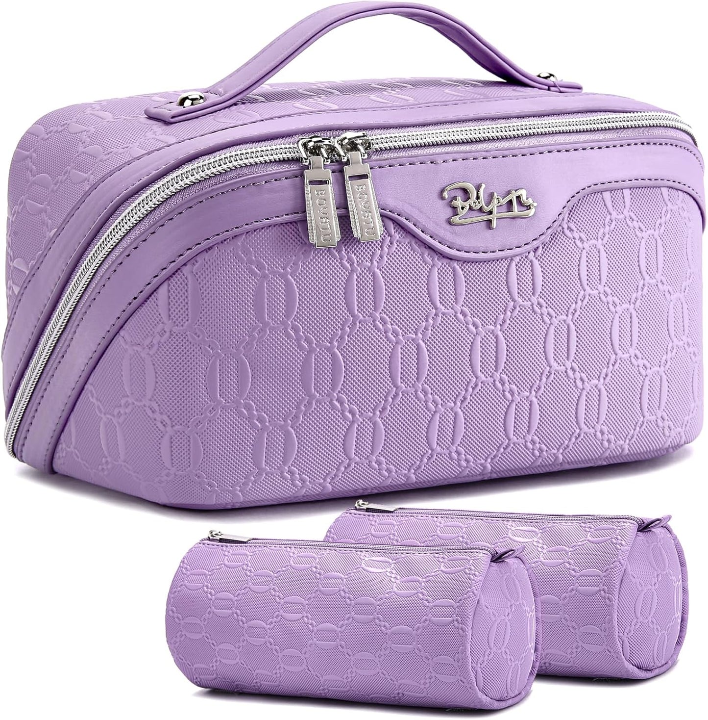 BOYATU Travel Makeup Bag for Women: Cosmetic Organizer Bag with Compartments - Leather Make up Bags Set of 3 (G-1-Purple)