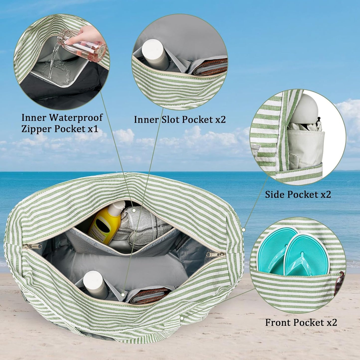 LEDAOU Large Beach Tote Bag Women Waterproof Sandproof Zipper Beach Tote Bag for Pool Gym Grocery Travel with Wet Pocket