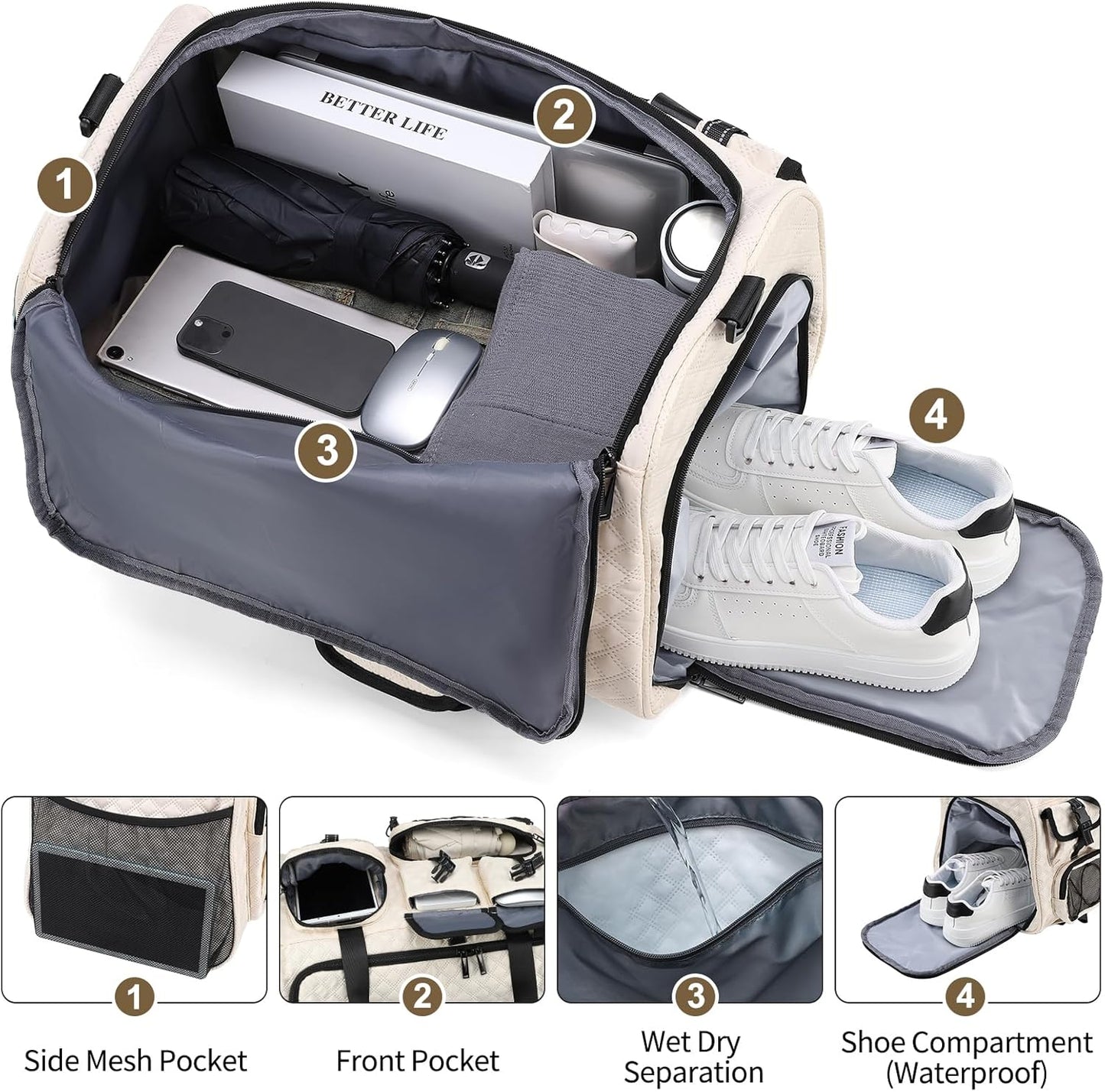 Gym Bag for Men Women, 40L Sport Duffel Bag, Anti-Theft Overnight Backpack W/Shoe Compartment for Fitness Travel, White