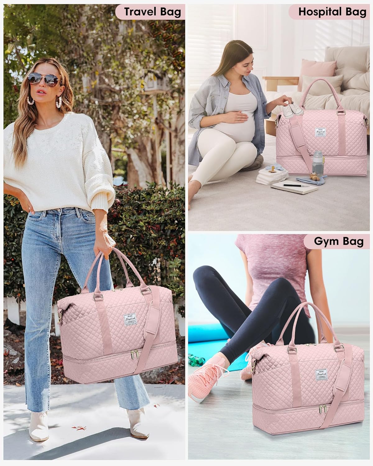 Weekender Duffle Bags for Women - Travel Duffel with Shoe Compartment, Carry On Overnight Bag, Gym Tote with Wet Pocket, Pink