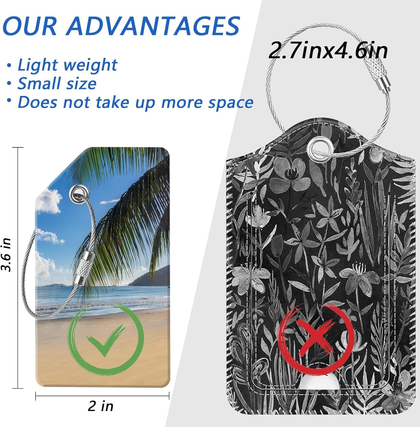 2 Luggage Tags, (1" Smaller Than Traditional) Perfect for Quick Luggage Identification with Stainless Steel Ring and Address Card for Travel and Luggage (Beach by The sea)