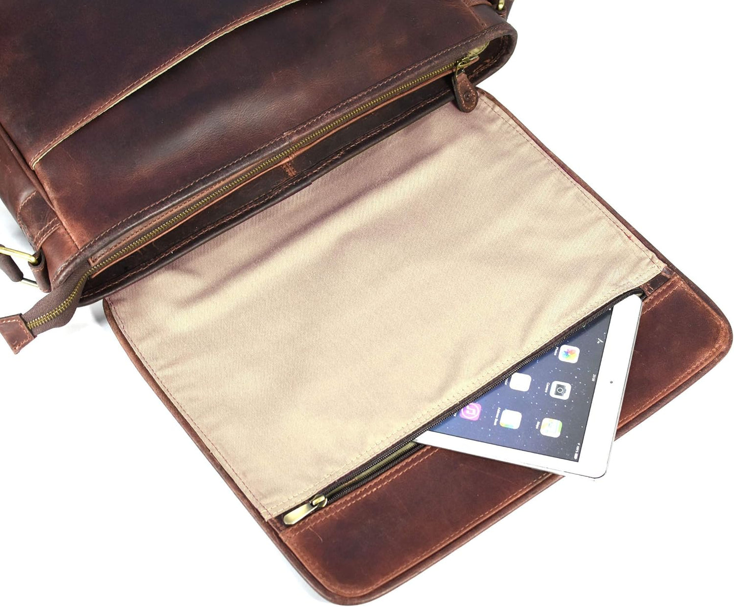 16" Crossbody Bag Leather Laptop Messenger Bag For Men with trolley sleeve for school office (Walnut)