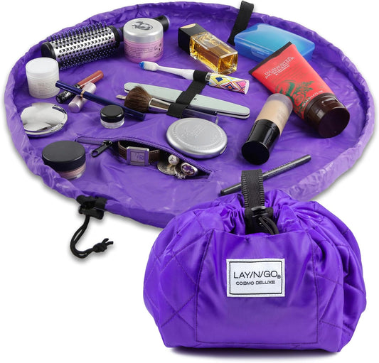 Lay-n-Go Cosmo Layflat Drawstring Cosmetic & Makeup Bag Organizer w/Zipper Pocket, Brush Loops & More, Cinch to Close, Lay Flat to Use, Durable, Machine Wash, Travel Toiletry Bag (22", Purple)