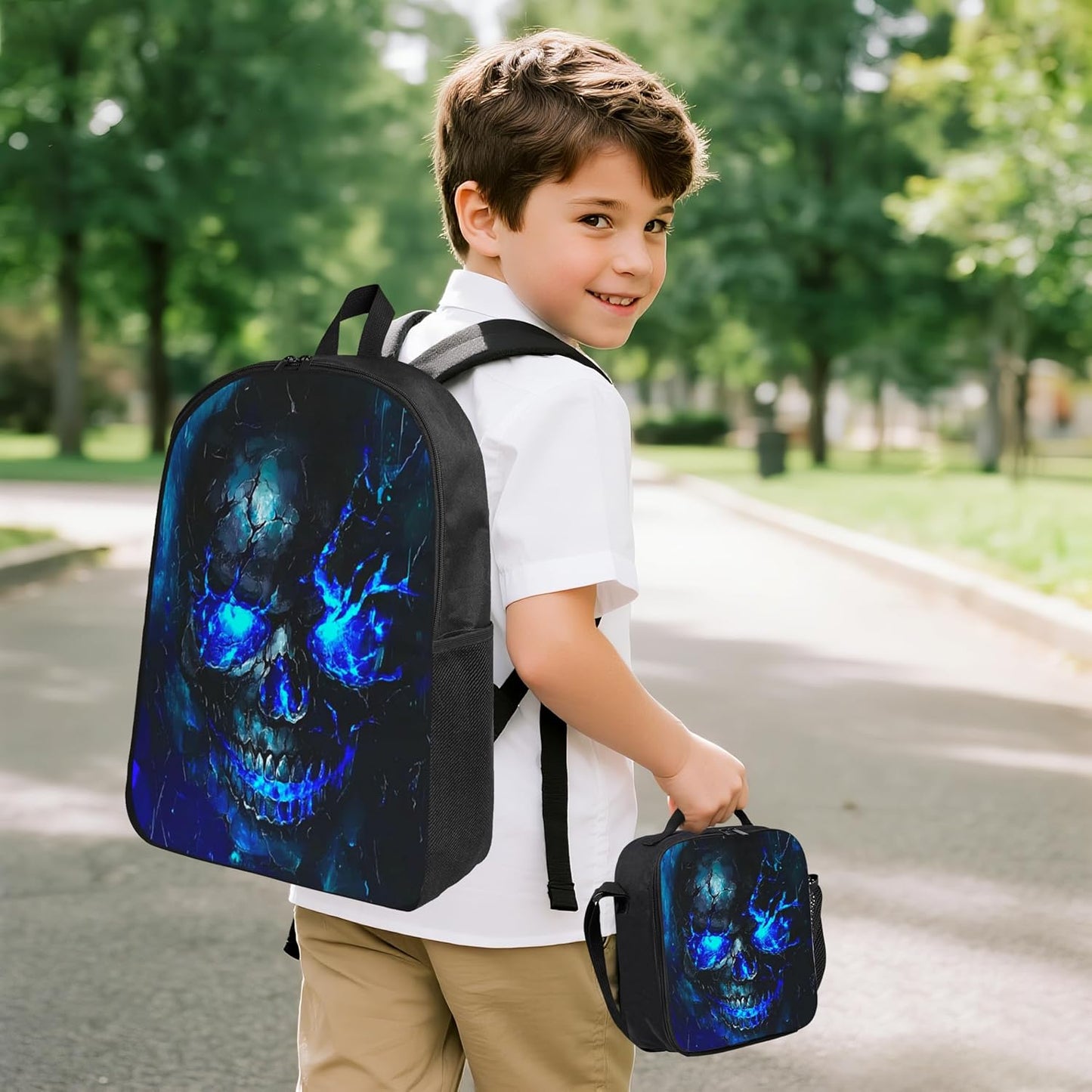 Skull Kid Backpack Set with Lunch Bag & Pencil Case Large Capacity School Bag 17 Inch Bookbag for Boy Girl