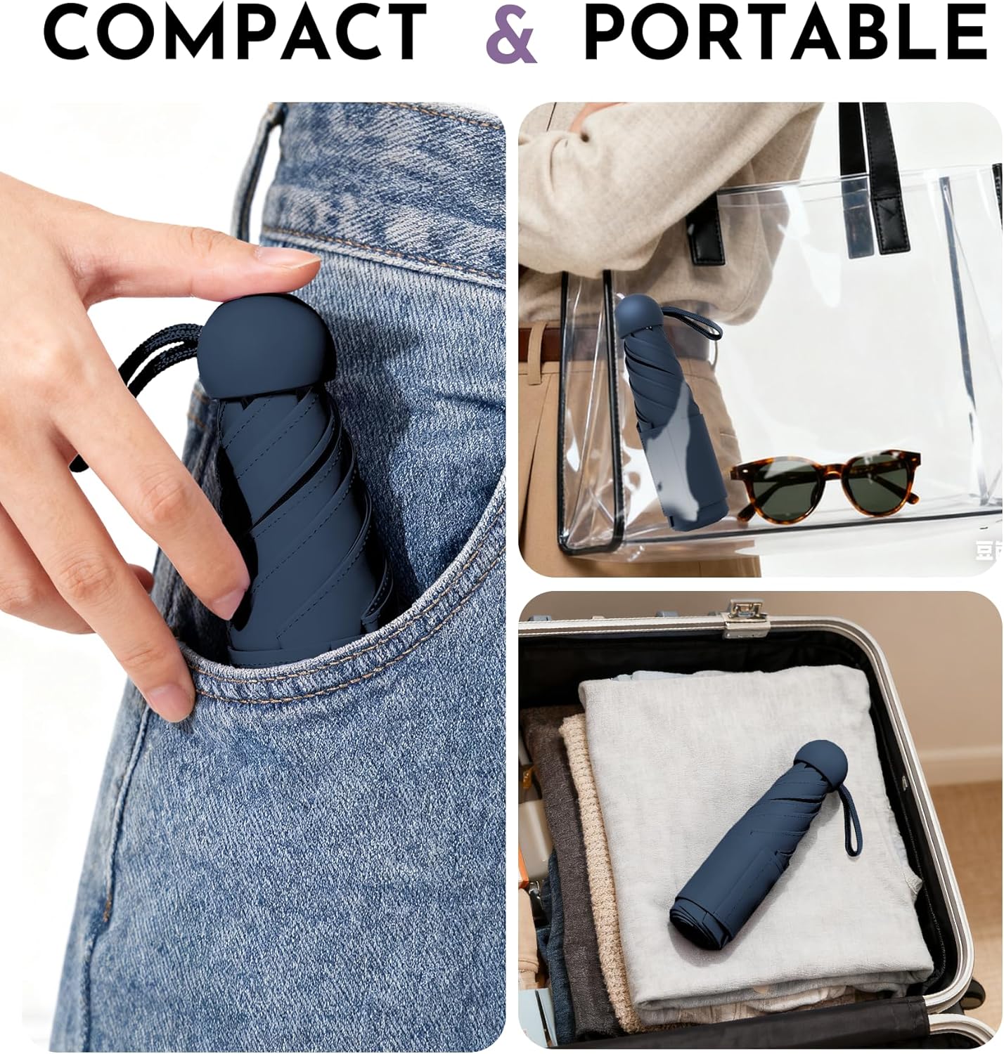 Travel Mini Umbrella Compact Small & Lightweight, UV Rain Protection, Pocket-Sized Folding Umbrellas with Quickdraw & Case for Men Women & Kids Backpack