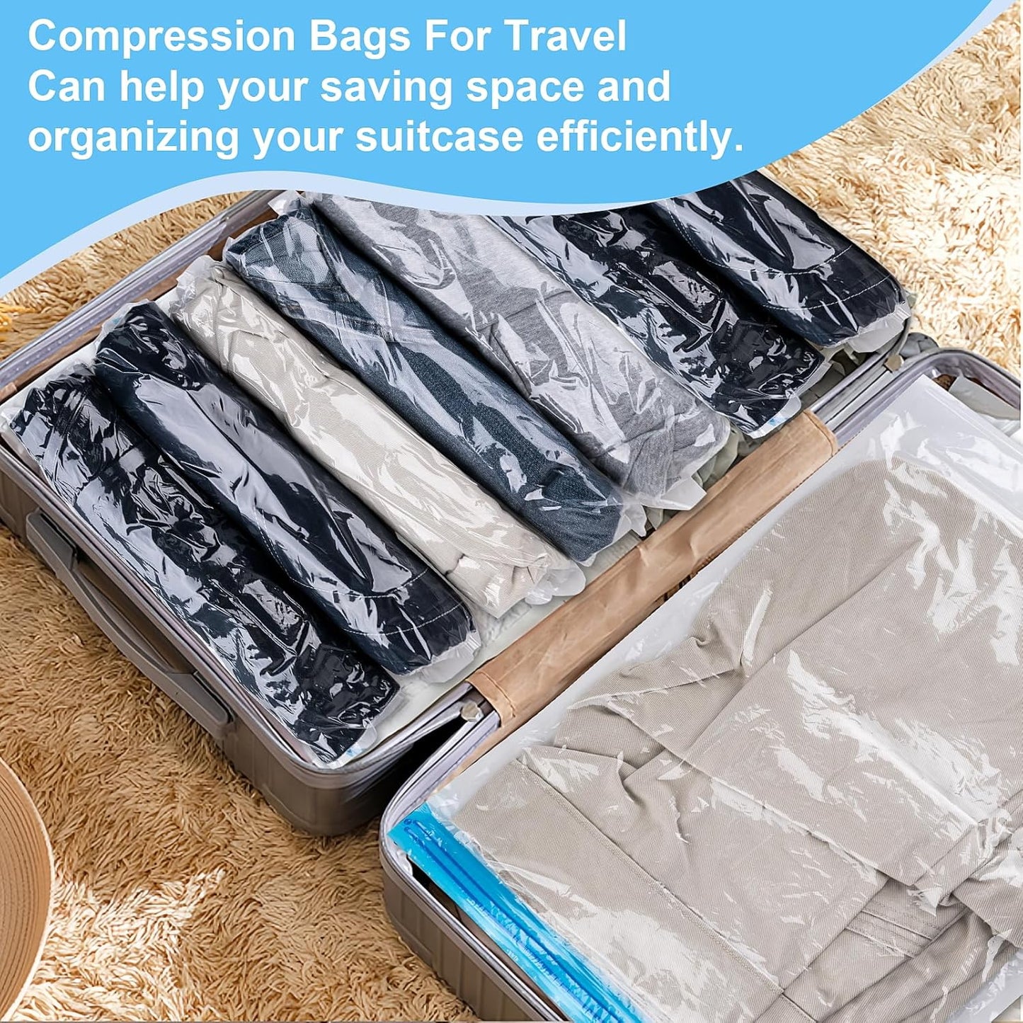 10 PCS Compression Bags for Travel Essentials, 3 Sizes Space Saver Bags, No Vacuum or Pump Needed, Roll Up Vacuum Packing for Clothing Storage, Cruise Accessories, Luggage & Home Organizers