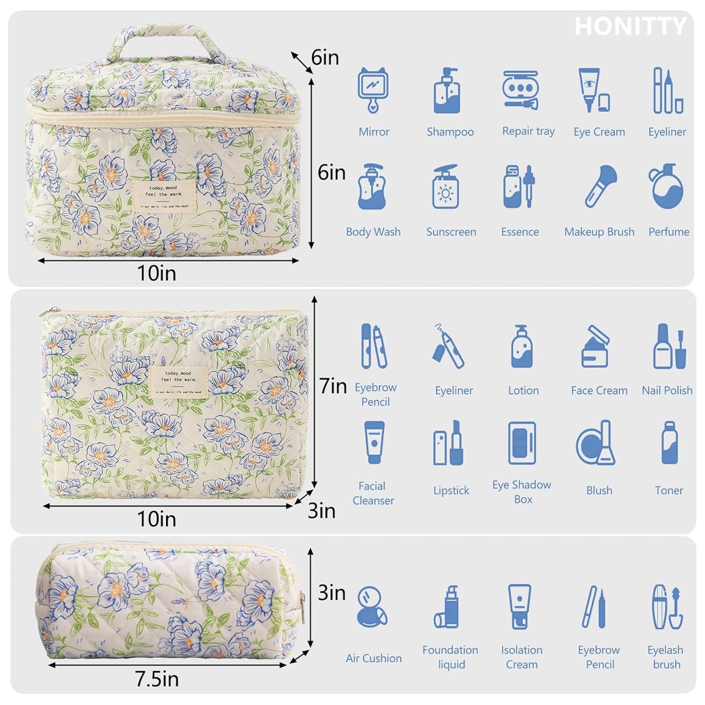 Makeup Bag,Quilted Cosmetic Bags,Large Floral Make Up Organize bag,Makeup Bag Set for Women,Flower Travel Toiletry Bag