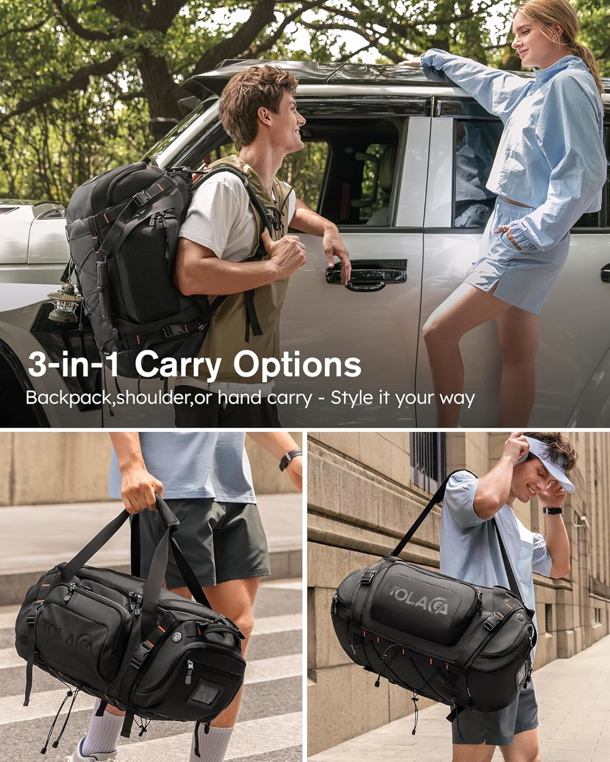 Tolaccea Gym Bag for Men & Women, 55L Large Duffle Bag Backpack for Travel Sports with Shoe Compartment, Wet Pocket & Extra Laptop Bag for 15.6'', 3-in-1 Sport Workout Duffel Carry On for Airplane