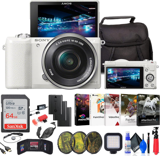Sony Alpha a5100 Mirrorless Digital Camera with 16-50mm Lens (White) + Filter Kit + 64GB Card + 2 x NPF-W50 Battery + Card Reader + LED Light + Photo Software + Cables + Case + More (Renewed)