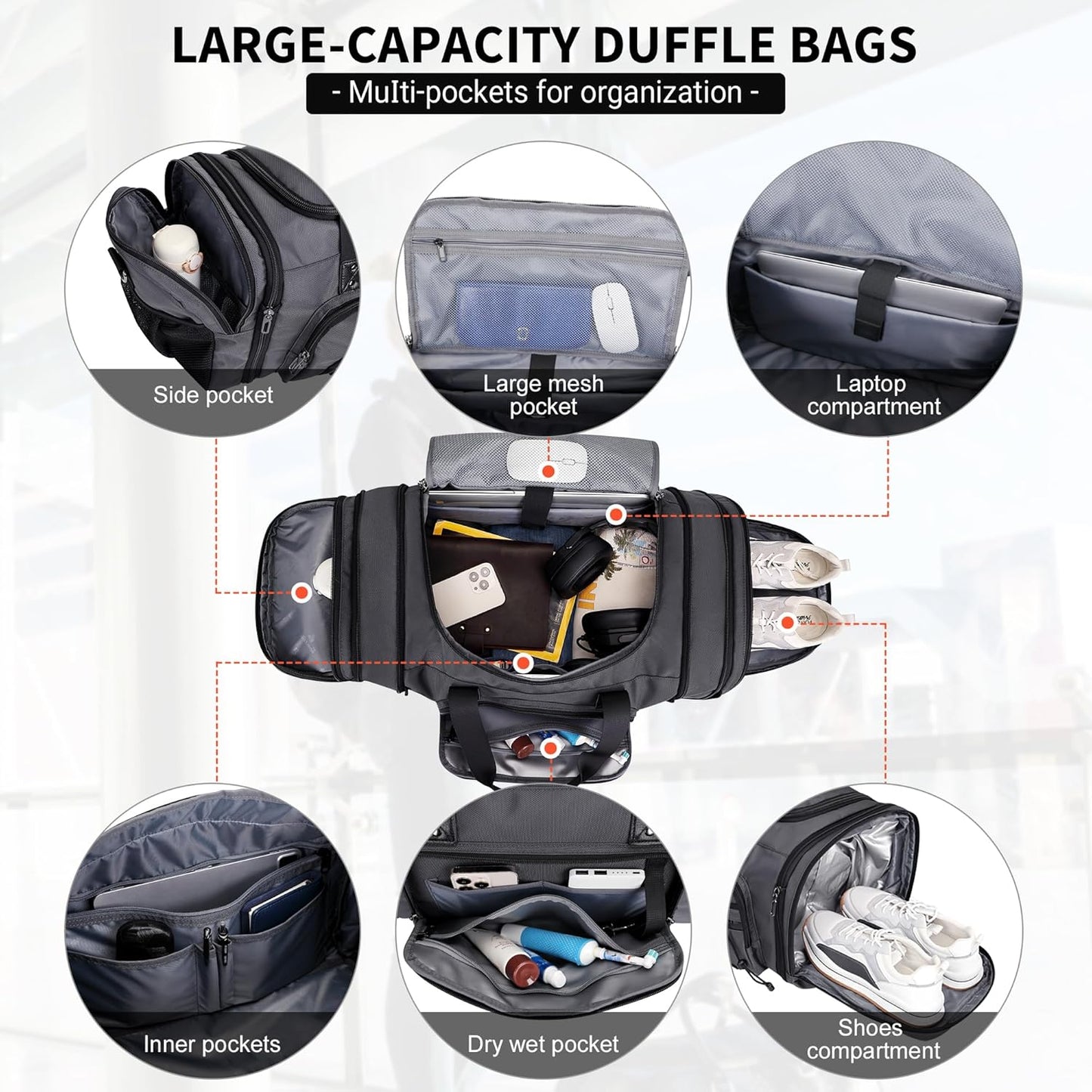 WITZMAN Duffle Bag for Men Nylon Large Gym Weekender Bag with Shoe Compartment Expandable Carry on Overnight Bag(B695 Silvery Grey)