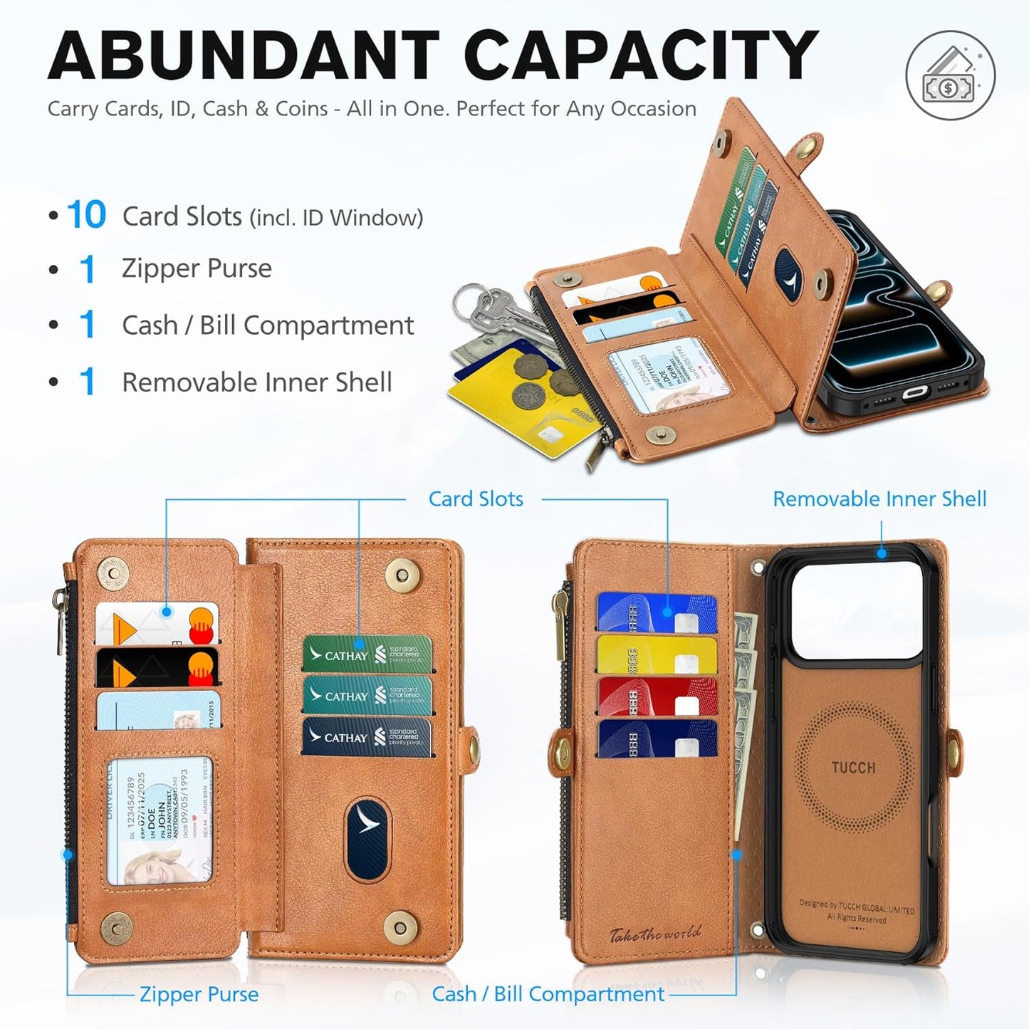 TUCCH Removable Crossbody Case Wallet for iPhone 17 Pro Max 6.9" 2025, Wireless Charging, RFID Blocking 10 Card Slots, Lanyard Wrist Strap, Zipper Pocket, PU Leather, Stand Magnetic Cover, Light Brown