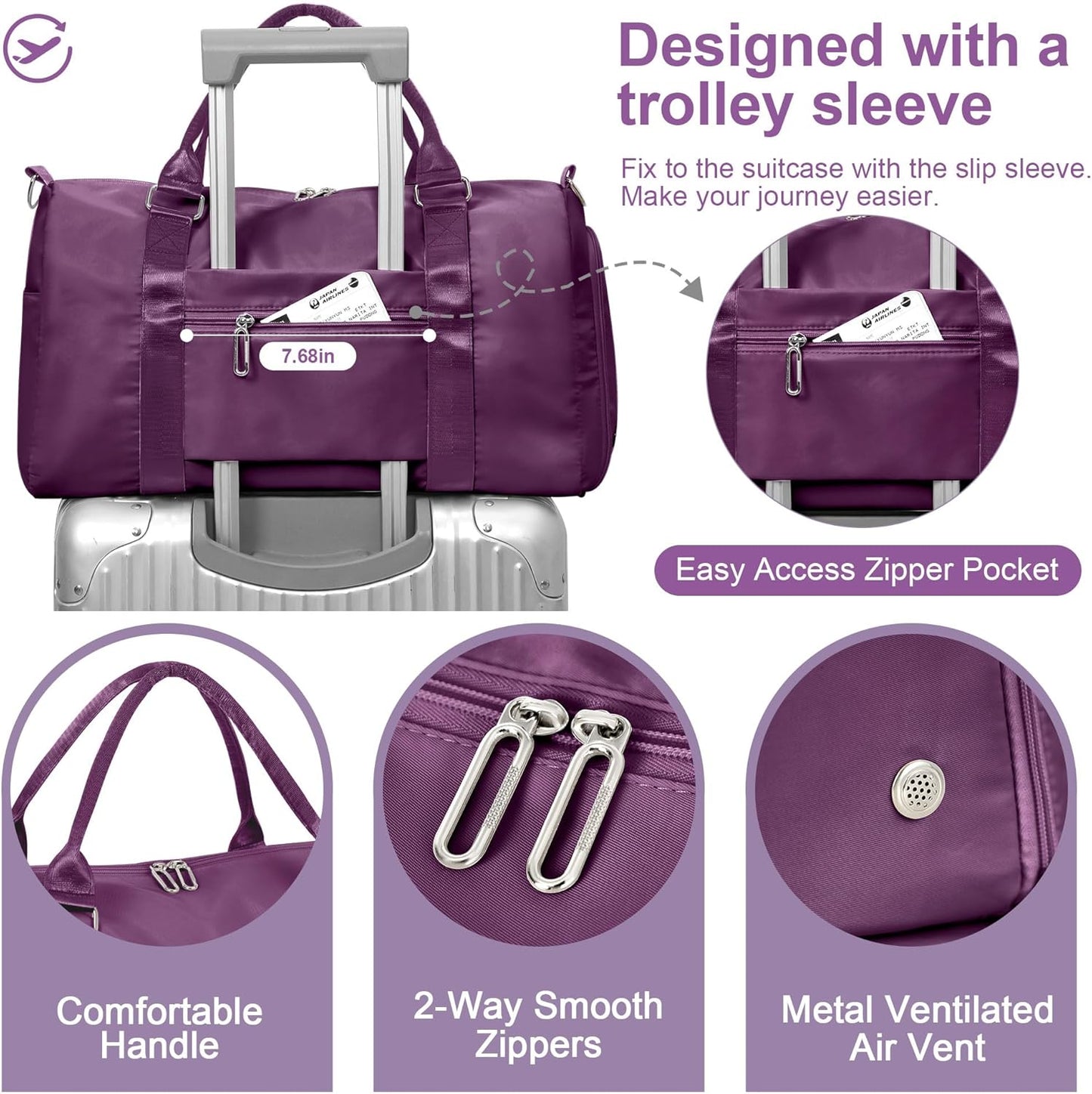 FIORETTO Womens Gym Tote Duffle Bag with Wet Pocket & Shoe Compartment, Sports Duffel Overnight Weekender Hospital Workout Carry on Bag for Girls, Ideal for Travel, Swimming, Dance, Ballet Dark Purple