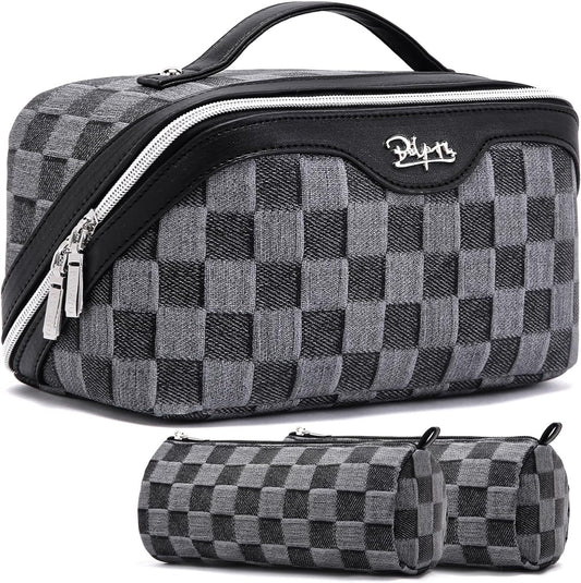 BOYATU Travel Makeup Bag for Women: Large Cosmetic Bag Set of 3 - PU Leather Make up Bag with Compartments - Compact Waterproof Toiletry Bag with Divider & Handle (D-2-Black)