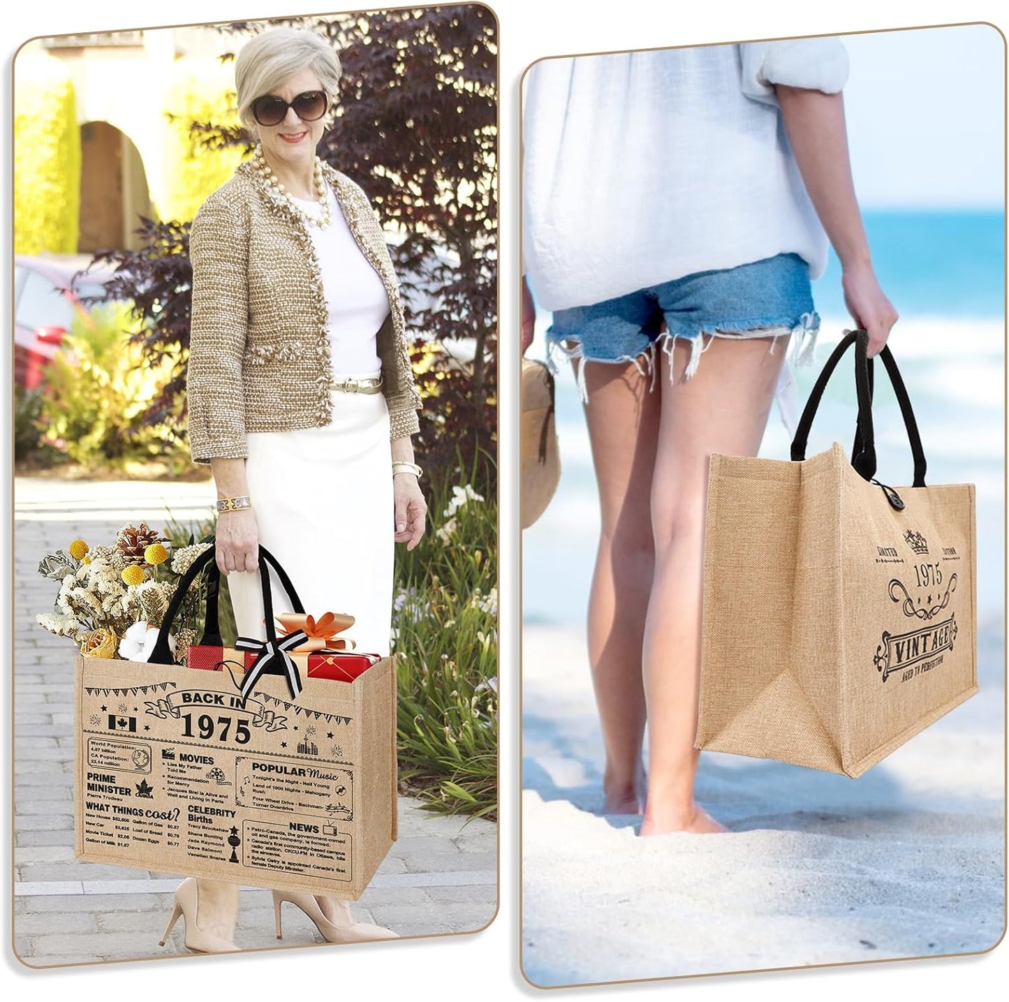 YeohJoy 50th Birthday Gifts for Women Jute Tote Bag, Vintage 1975 Burlap Bag with Cosmetic Bag and Back in 1975 Poster, Unique 50 Years Old Gifts for Mom Friends Wife Sister Her