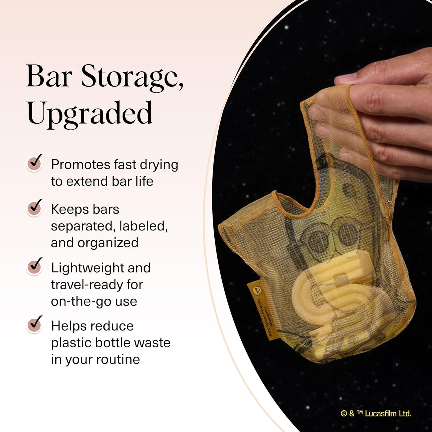 Kitsch x Star Wars C-3PO Soap Saver Bag – Patented Mesh Bag Soap Holder for Shampoo & Conditioner Bars - Extends Use & Prevents Soggy Mess - Recycled Mesh Beauty Pouch, Eco-Friendly