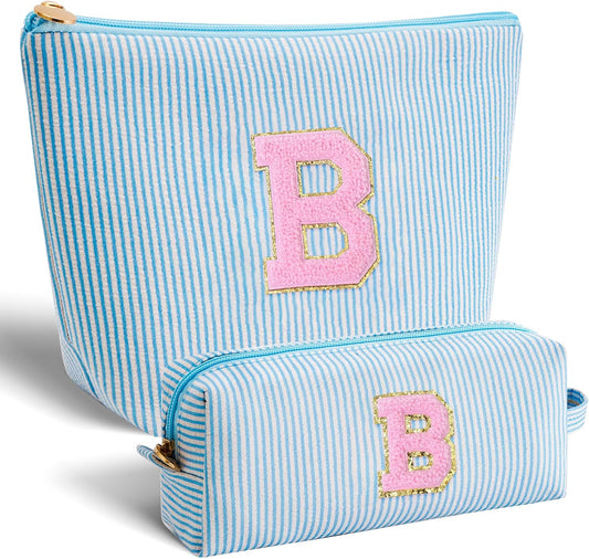 Bridesmaid Gifts Wedding Day - Bridal Shower Gifts,Maid of Honor Gifts,Initials Makeup Bag Set Cosmetic Bag - Blue,B