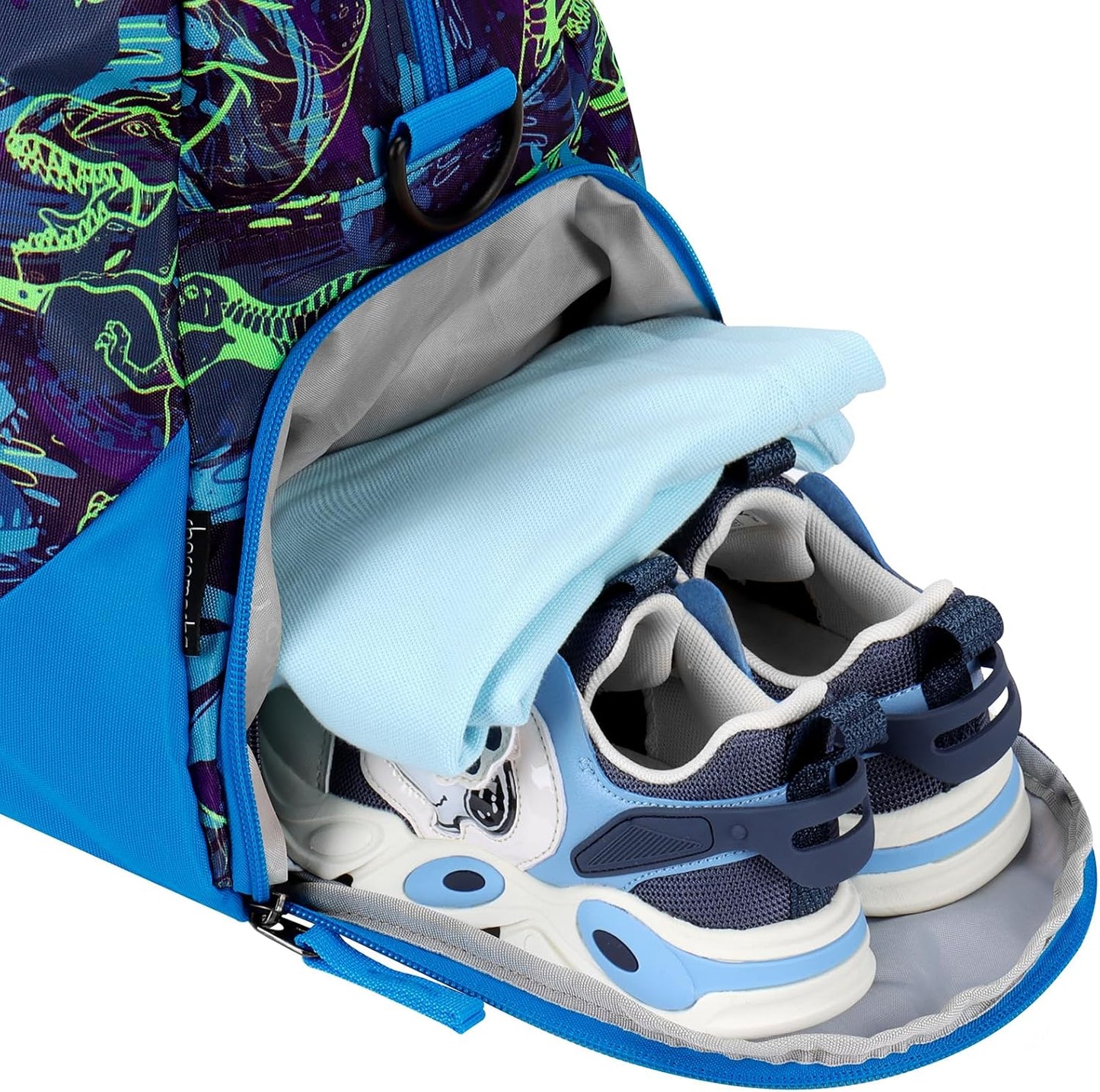 Choco Mocha Kids Dinosaur Duffle Bag - Boys Travel & Overnight Bag for Kids - Blue