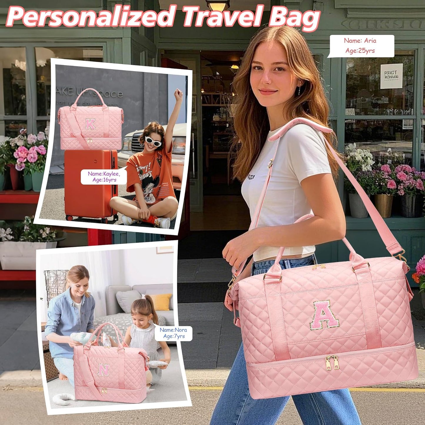 Gifts for Women Girls Initial Travel Duffle Bag Quilted Weekender Carry-On Overnight with Cosmetic Bag, Gym Bag with Shoe Compartment Hospital Bag for Labor Delivery, Pink J