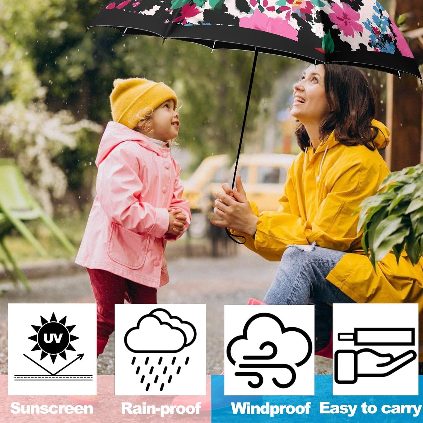Small Travel Folding Umbrella for Girl, Portable, UV, SunShade, Compact, Automatic, Rain & Wind