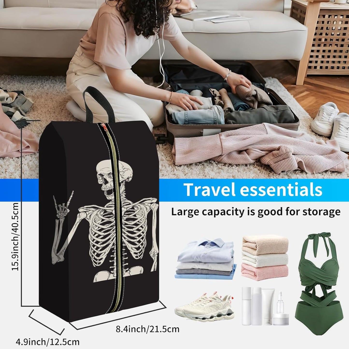 2pcs Shoe Organizer for Travel, Packing Shoe Travel Bags, Cute Shoe Bag with Zipper & Handle, Portable Travel Essentials for Women and Men Skull Human Skeleton