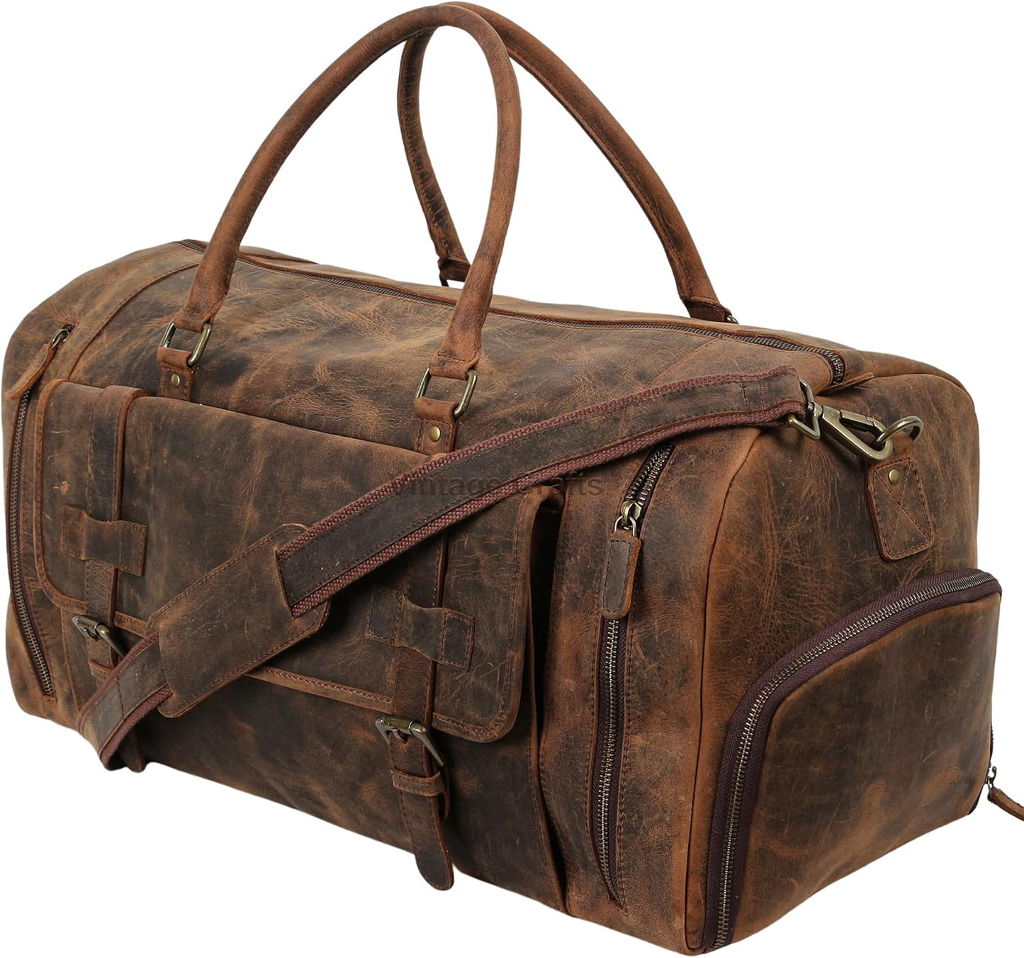 22 Inch Genuine Leather Full Grain Duffel Bag | Overnight Travel Weekend Sports Gym Traveling | Carryon Durable Cabin With Shoe Compartment For Men and Women