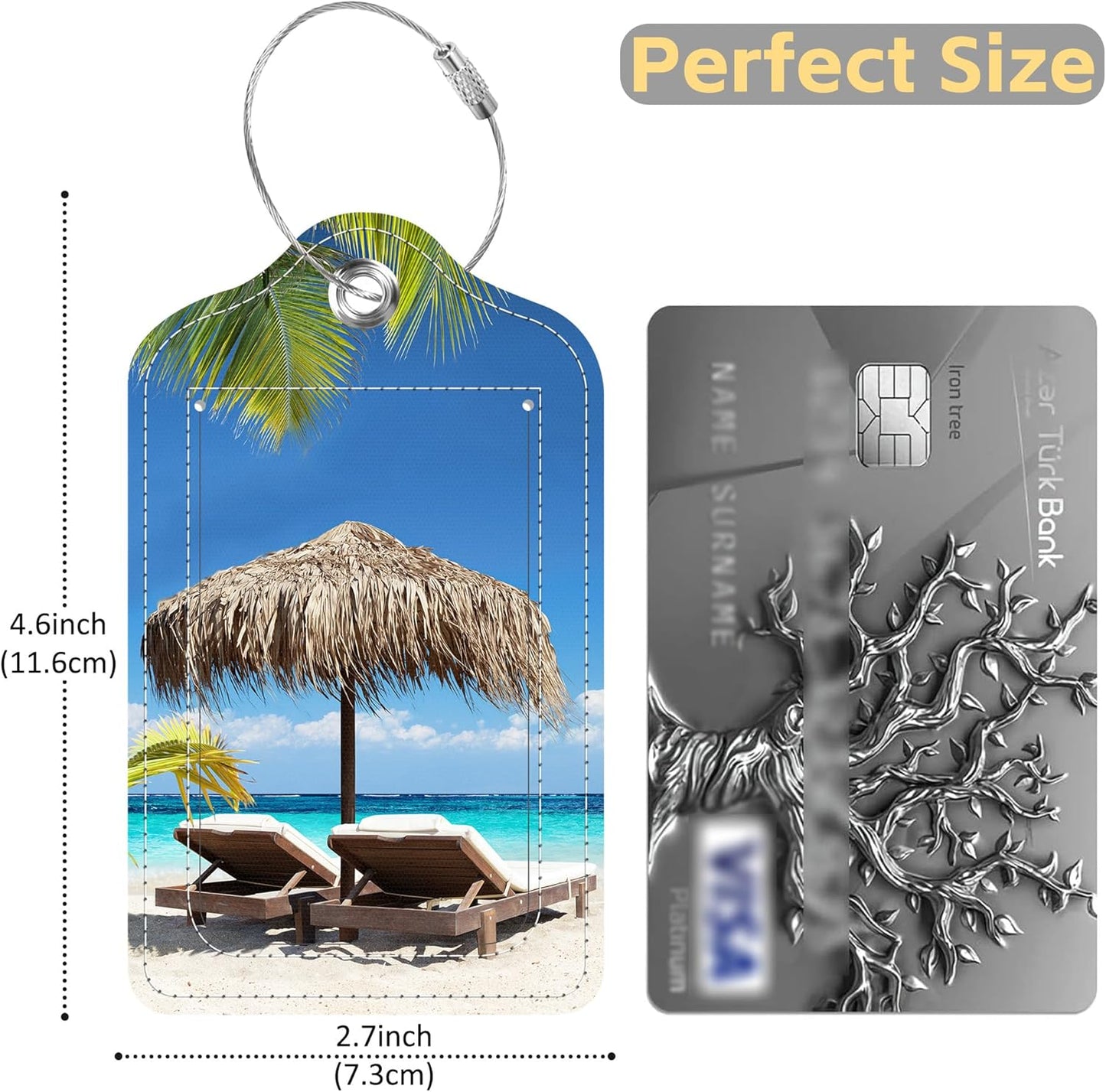 Set of 2 Luggage Tags Chairs and Umbrella in Palm Beach Leather Suitcases Tag with Privacy Cover Stainless Steel Loop and Address Card for Women Men Travel