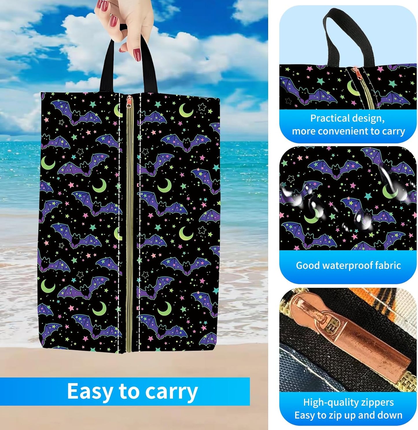 2pcs Shoe Organizer for Travel, Packing Shoe Travel Bags, Cute Shoe Bag with Zipper & Handle, Portable Travel Essentials for Women and Men Neon Bats