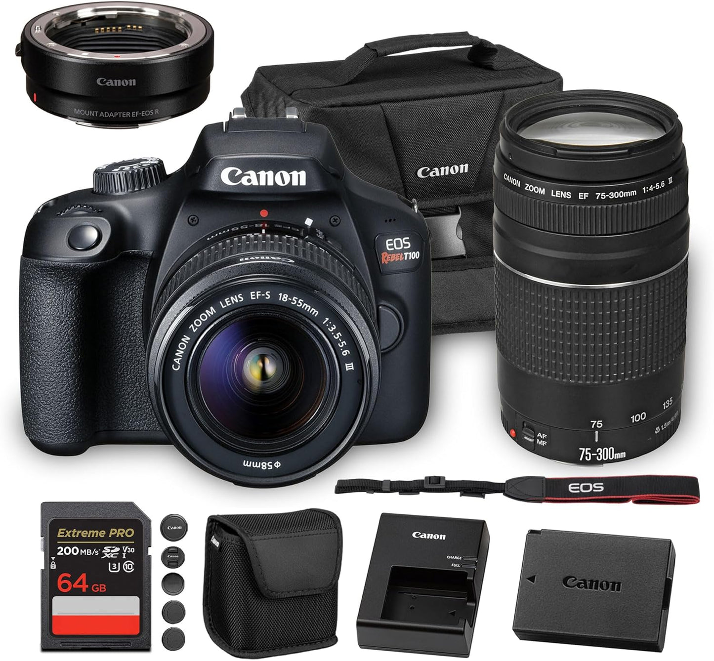 Canon EOS Rebel T100 DSLR Camera with 18-55mm Lens | 18MP APS-C Sensor, Built-in Wi-Fi & Full HD Video | for Beginners, Travel & Everyday Shooting (2628C029) + EF 75-300mm f/4-5.6 III Lens + More