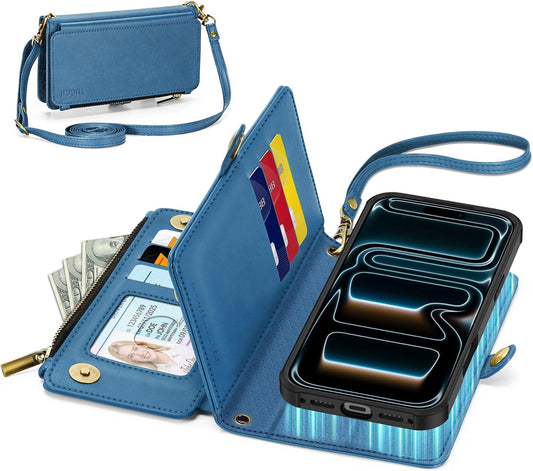 TUCCH Removable Crossbody Case Wallet for iPhone 17 Pro (6.3") 2025, Wireless Charging, RFID Blocking 9 Card Slots, Lanyard, Wrist Strap, Zipper Pocket, PU Leather, Stand Magnetic Cover, Light Blue