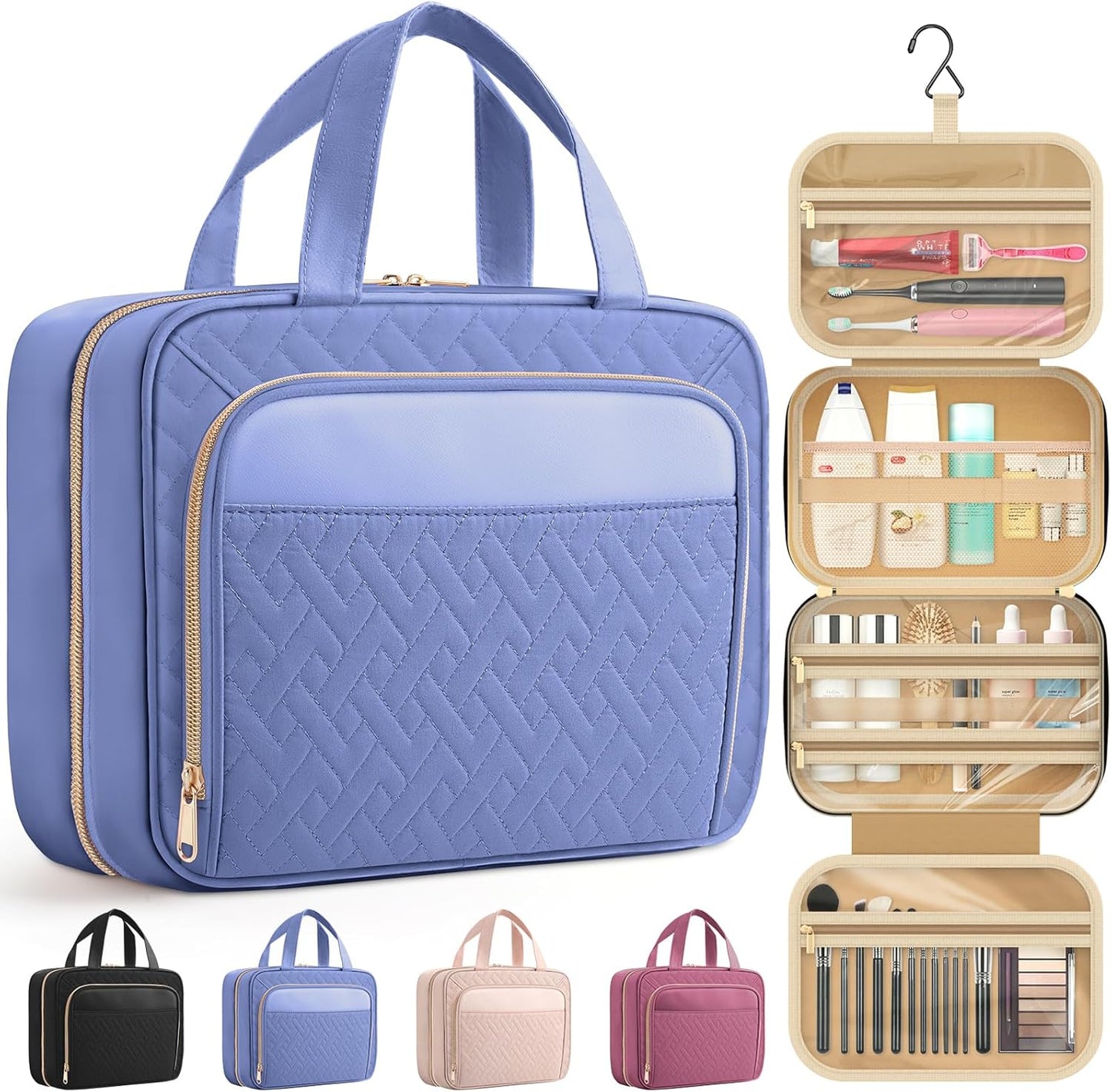 HOTOR Travel Toiletry Bag for Women & Men, Waterproof Makeup Bag with Hanging Hook and Multiple Pockets, Cosmetic Bags for Women, Travel Essentials, 12.6'' x 4.3'' x 9.9'', Aegean-Blue