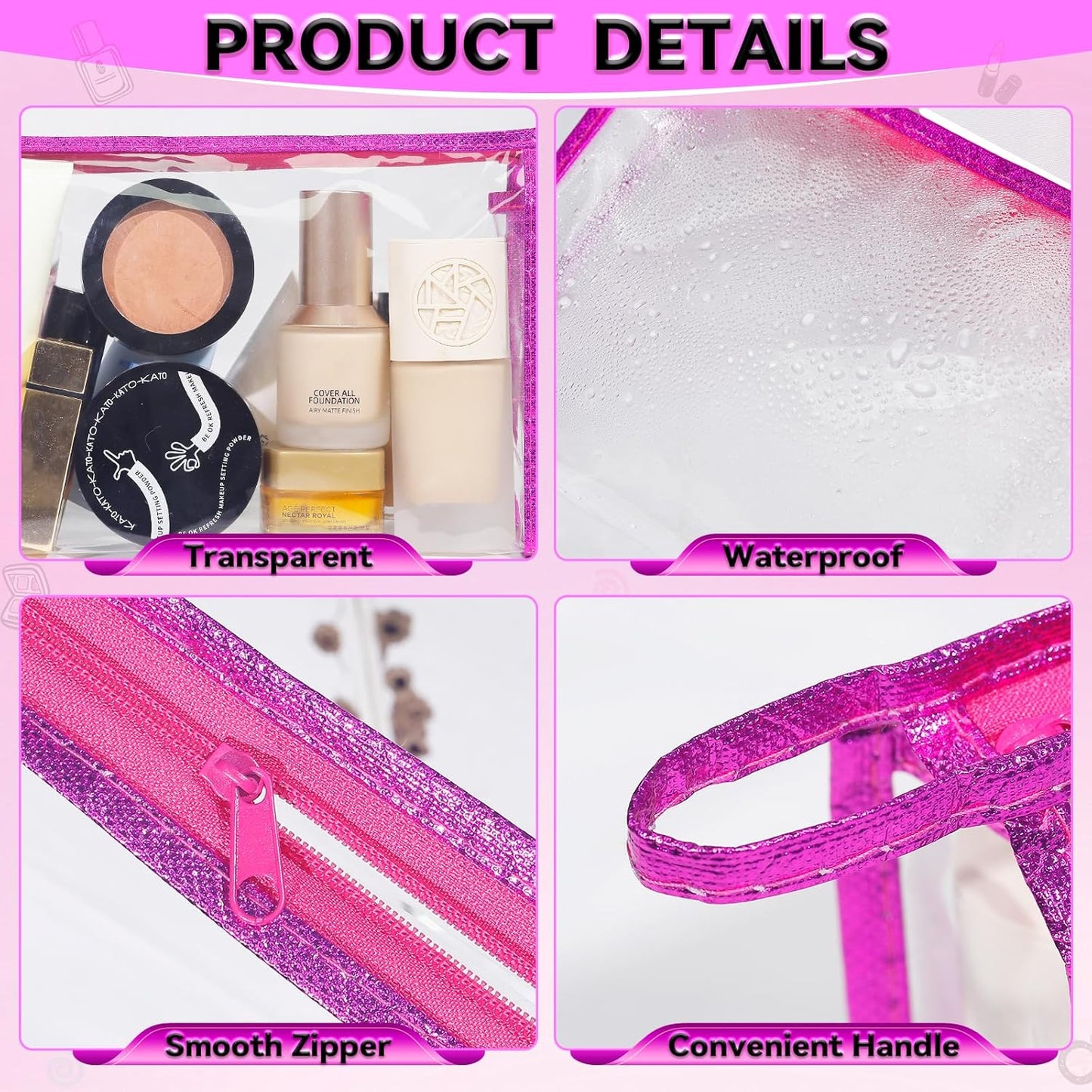 5 Pack Clear Cosmetic Bags Makeup Bags Set Waterproof PVC Clear Toiletry Bag with Zipper, Makeup Organizer Storage Pouches Fit Carry-on Travel Essentials