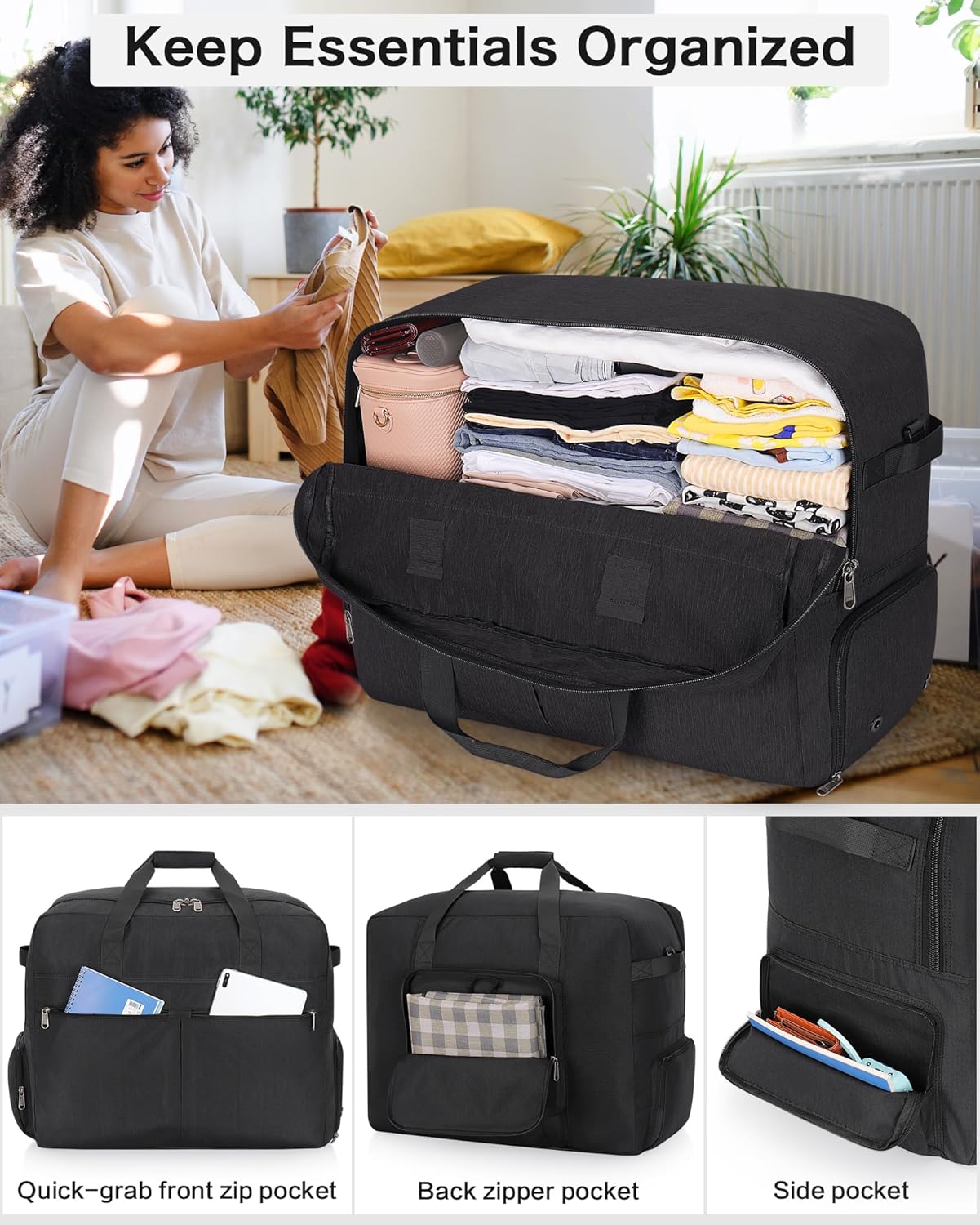 100L Foldable Large Travel Duffle Bag for Men and Women, Packable Duffel Bags with Shoe Compartment, Water Repellent & Tear Resistant (Black)