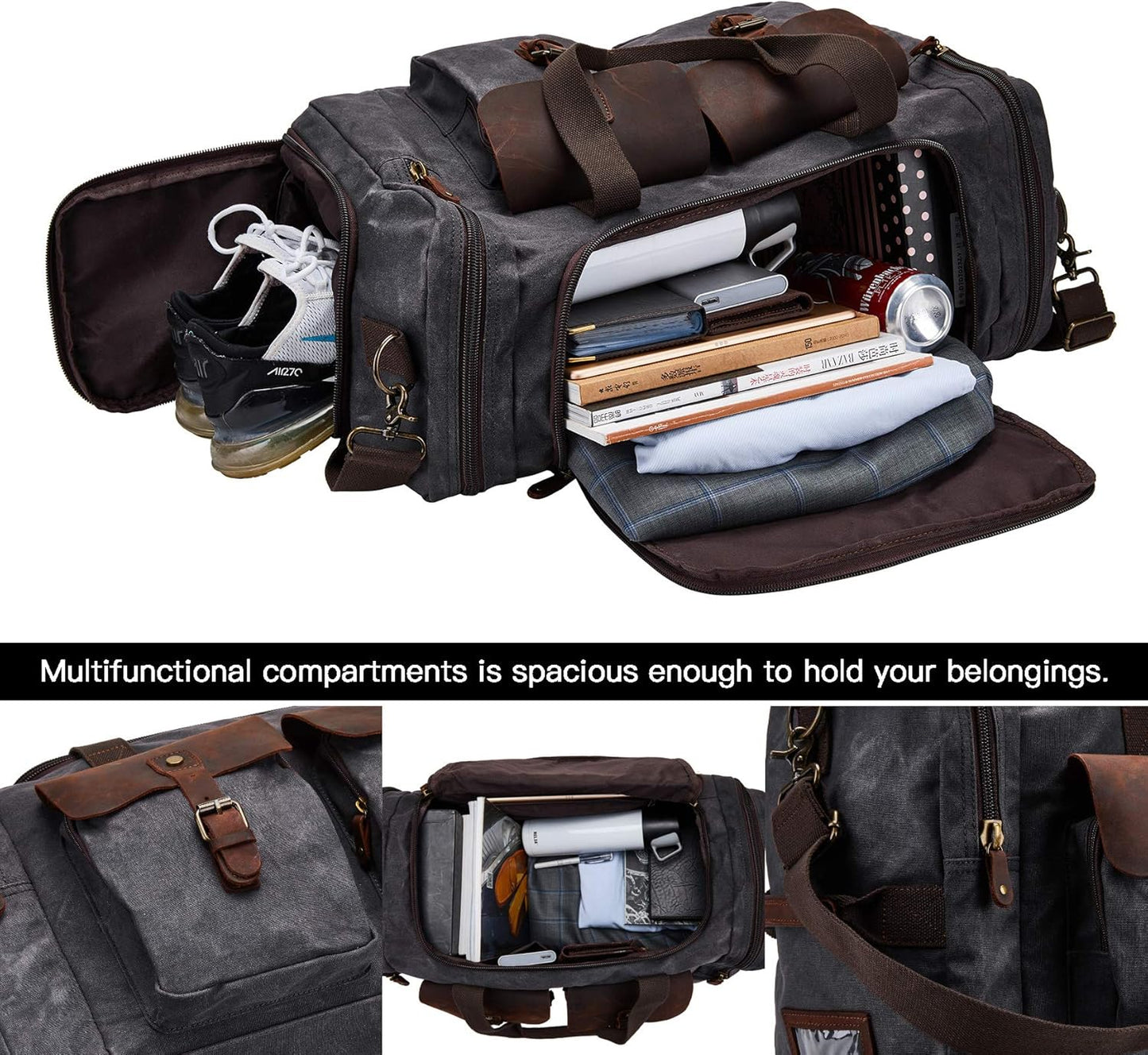 Waxed Canvas Vintage Overnight Duffel Weekend Travel Bag Waterproof For Men Women with Shoes Compartment (Grey)