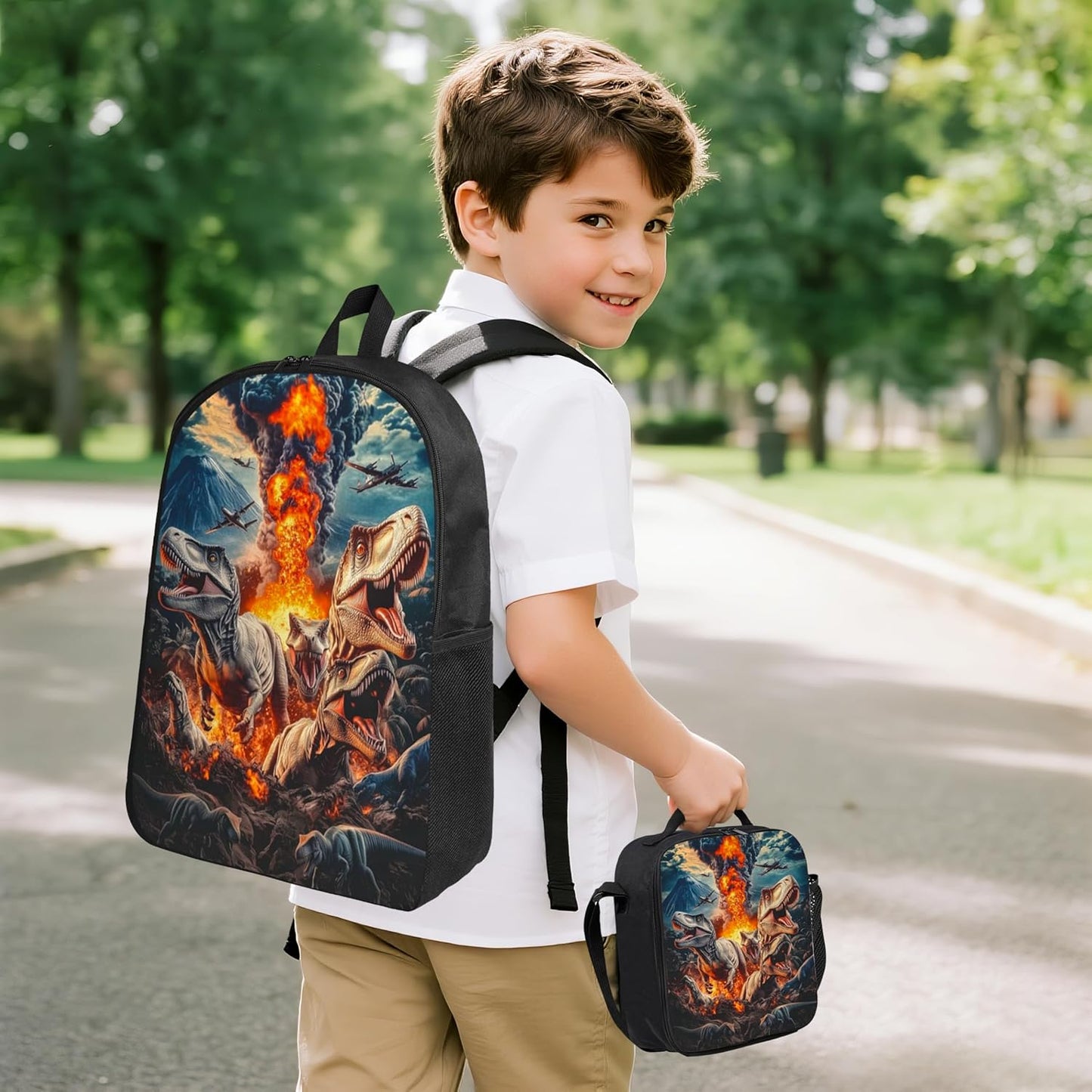 Dinosaur Kid Backpack Set with Lunch Bag & Pencil Case Large Capacity School Bag 17 Inch Bookbag for Boy Girl