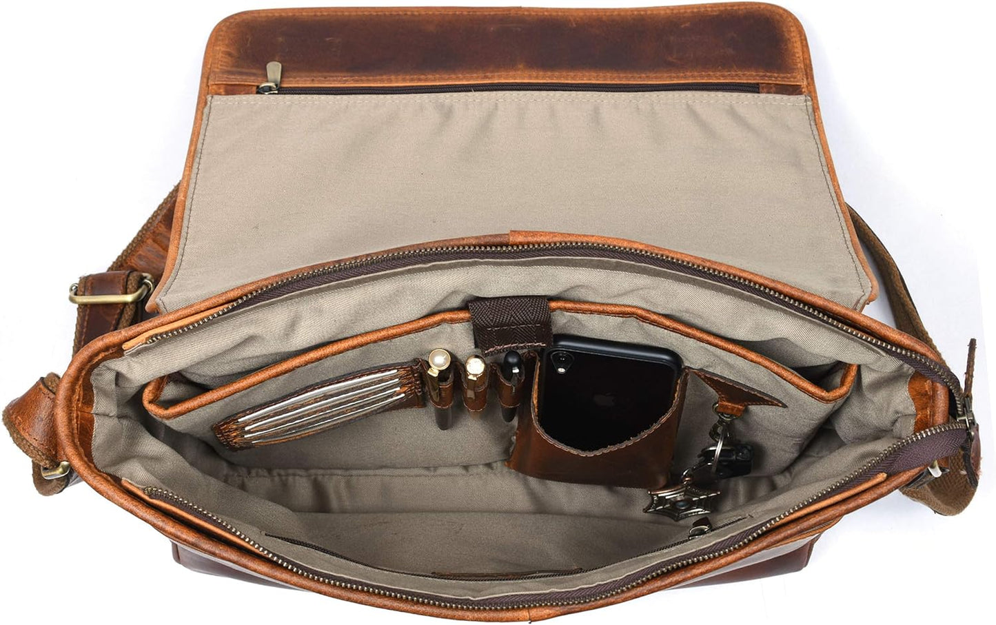 16" Crossbody Bag Leather Laptop Messenger Bag For Men with trolley sleeve for school office (Caramel)