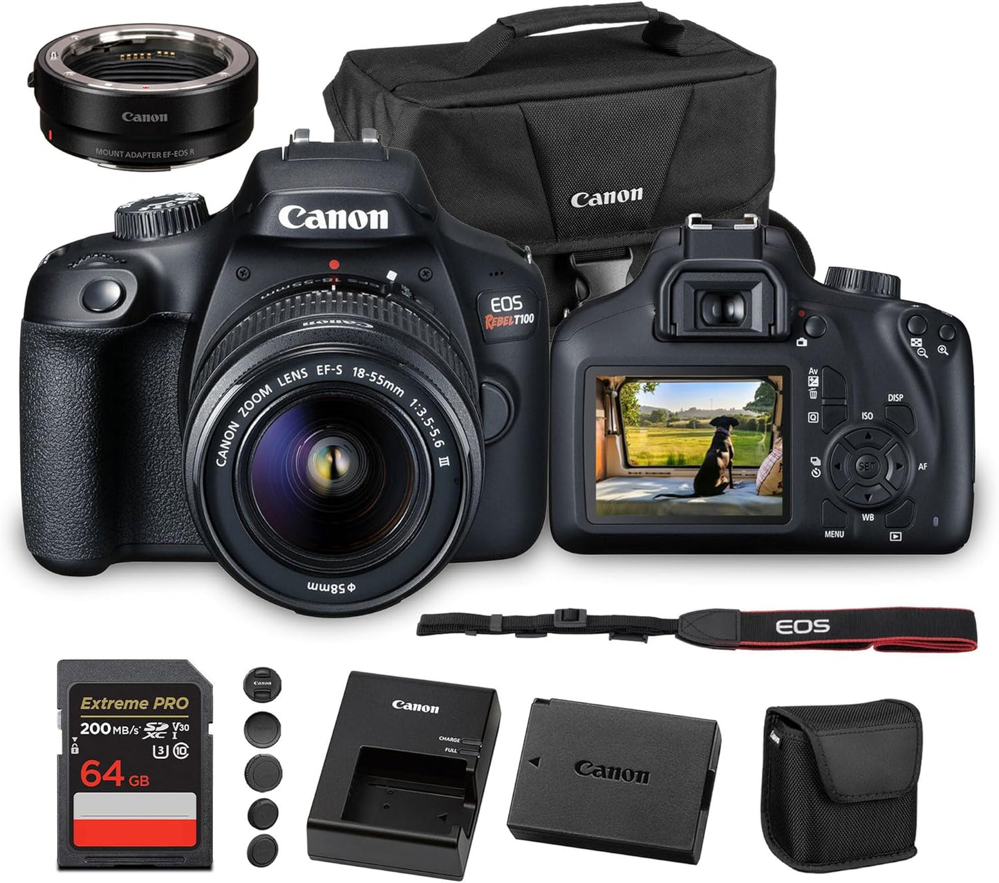 Canon EOS Rebel T100 DSLR Camera with 18-55mm Lens| 18MP APS-C Sensor, Built-In Wi-Fi & Full HD Video| Perfect for Beginners, Travel & Everyday Shooting (2628C029) + Adapter EF-EOS R + Bag + 64GB Card