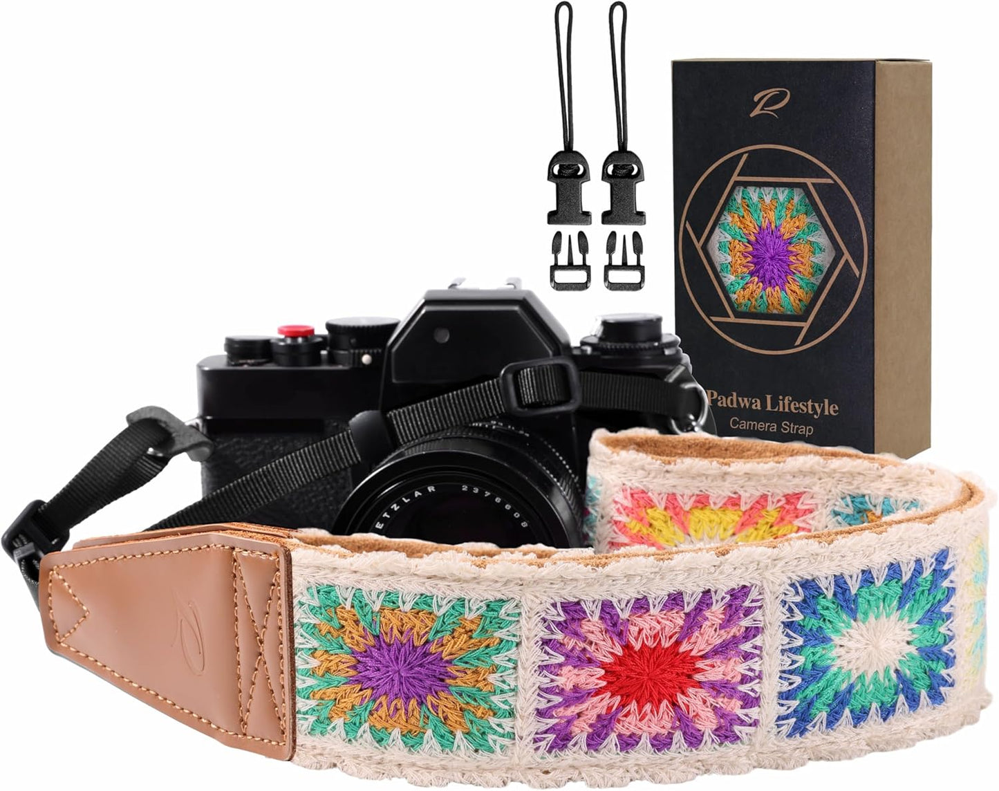 Padwa Lifestyle White Crochet Camera Strap - 2" Full Grain Leather Ends Camera Straps for Photographers, Vintage Embroidered Cotton Soft Suede Fabric Padded Strap with Quick Release fits All Cameras