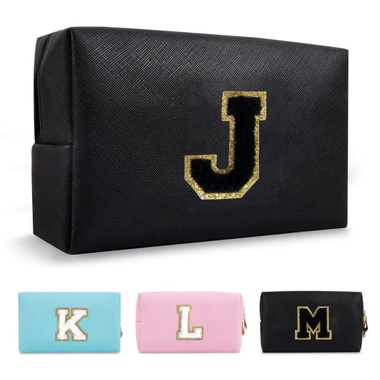 Personalized Initial A-Z Preppy Patch Makeup Bag,Small PU Chenille Letter Cosmetic Bag with Zipper for Teen Girls,Black Cute Toiletry Organizer Bag,Monogram Makeup Case Gift for Women Girls,Letter J