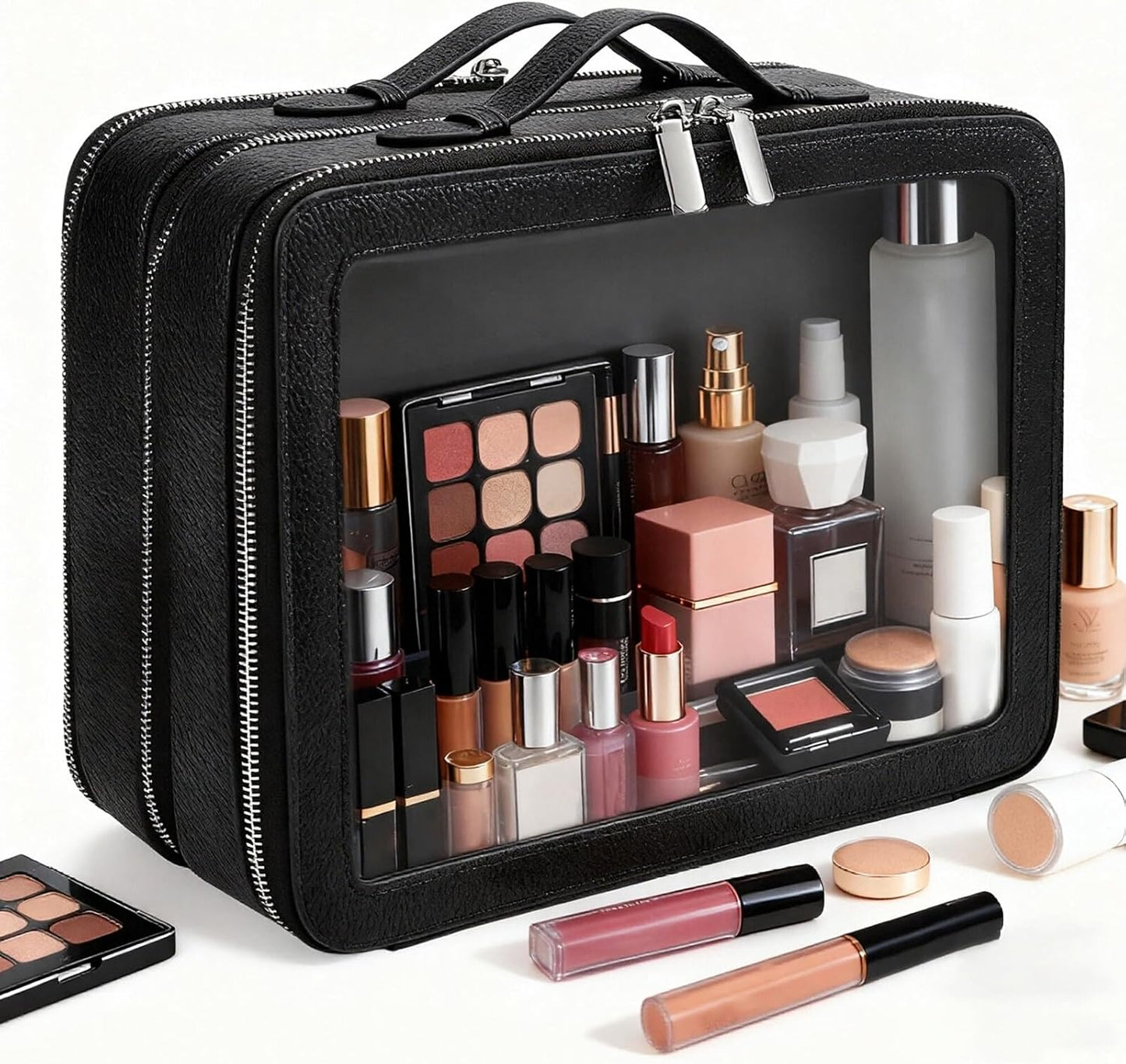 Clear Makeup Bag,Large Toiletry Case for Women,PU Leather Travel Cosmetic Bag,Detachable Makeup Case,Double Compartment Make up Organizer